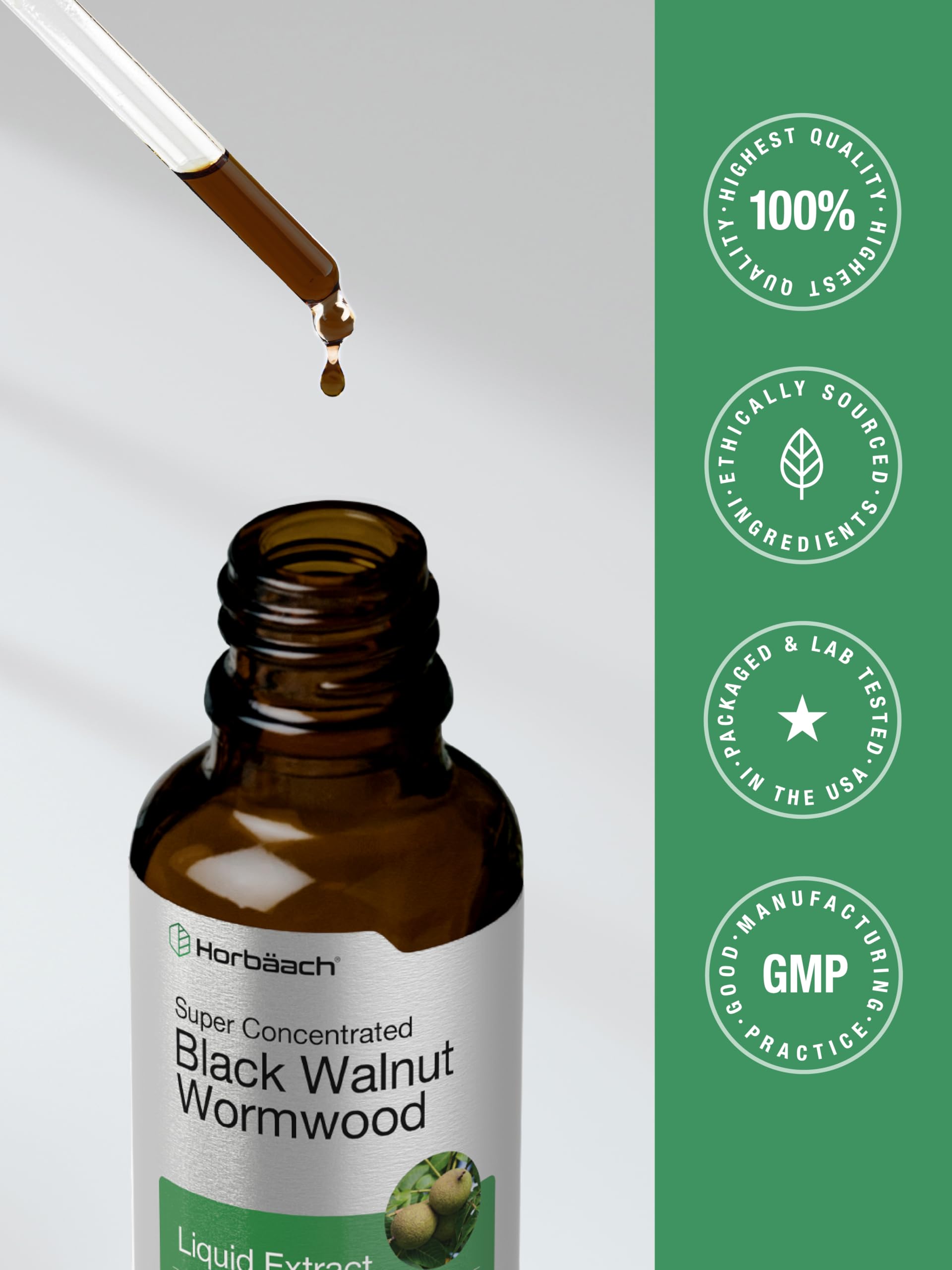 Horbäach tincture glass image focuses on premium bottle clarity