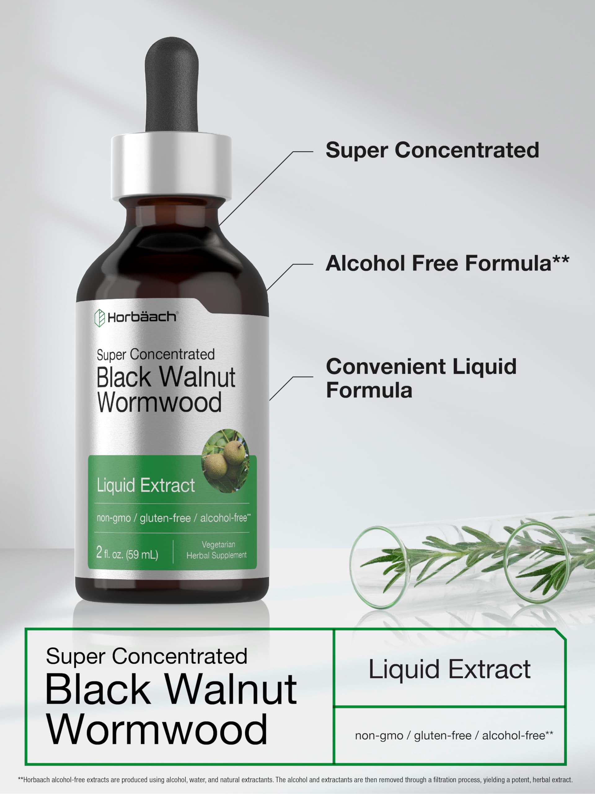Horbäach Black Walnut Hull Wormwood Extract tincture label confirms gluten-free and non-GMO status
