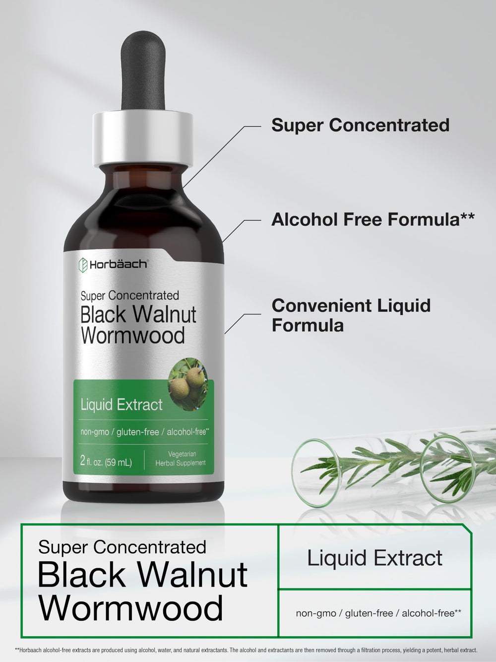 Horbäach Black Walnut Hull Wormwood Extract tincture label confirms gluten-free and non-GMO status