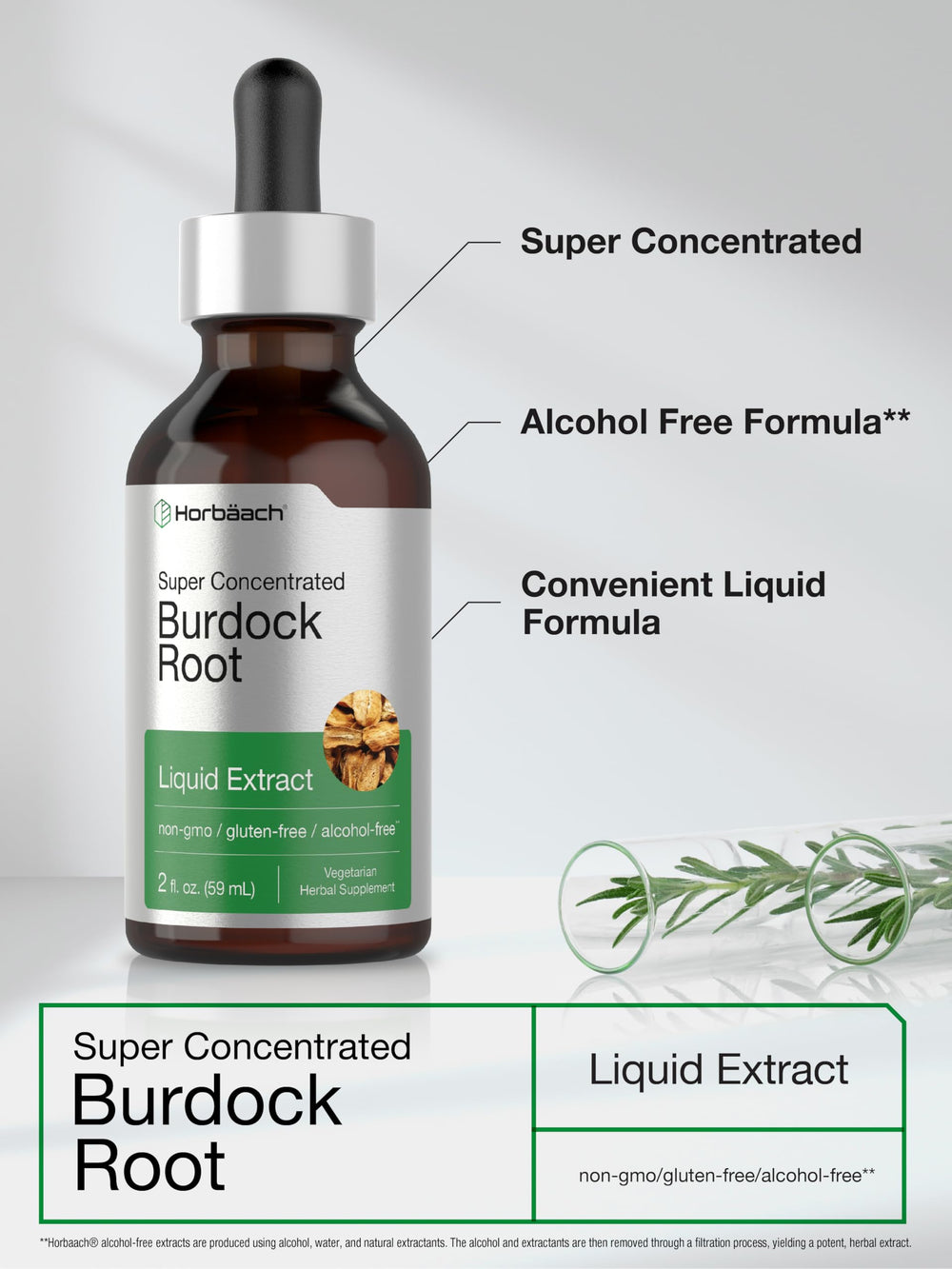Horbäach Burdock Root Tincture icon indicating alcohol-free formula.