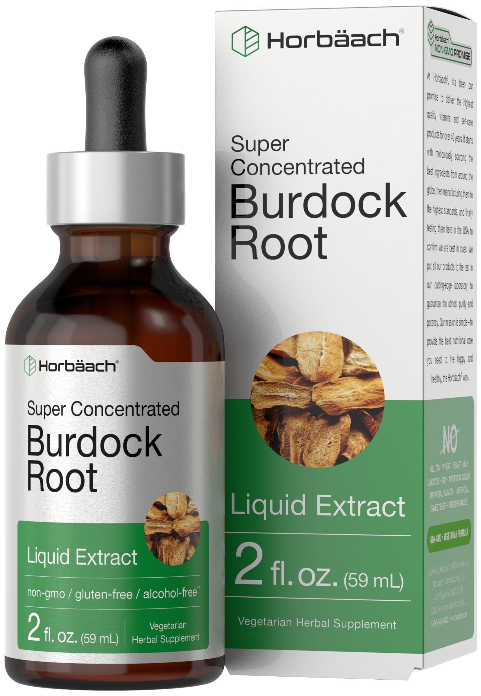 Horbäach Burdock Root Tincture bottle front shows antioxidant-rich herbal tincture.