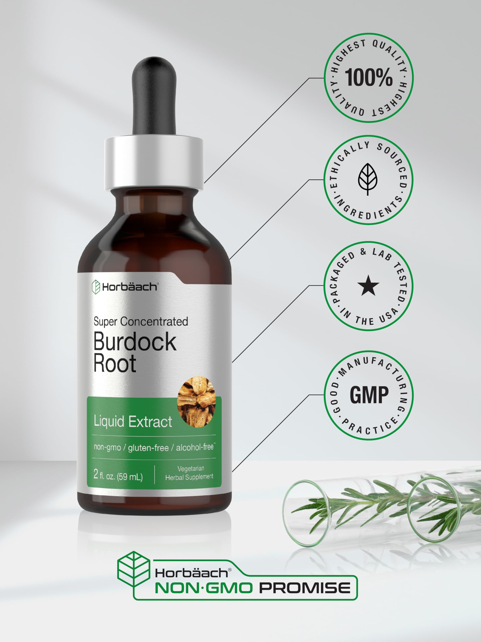 Horbäach Burdock Root Tincture gluten-free status shown on packaging.
