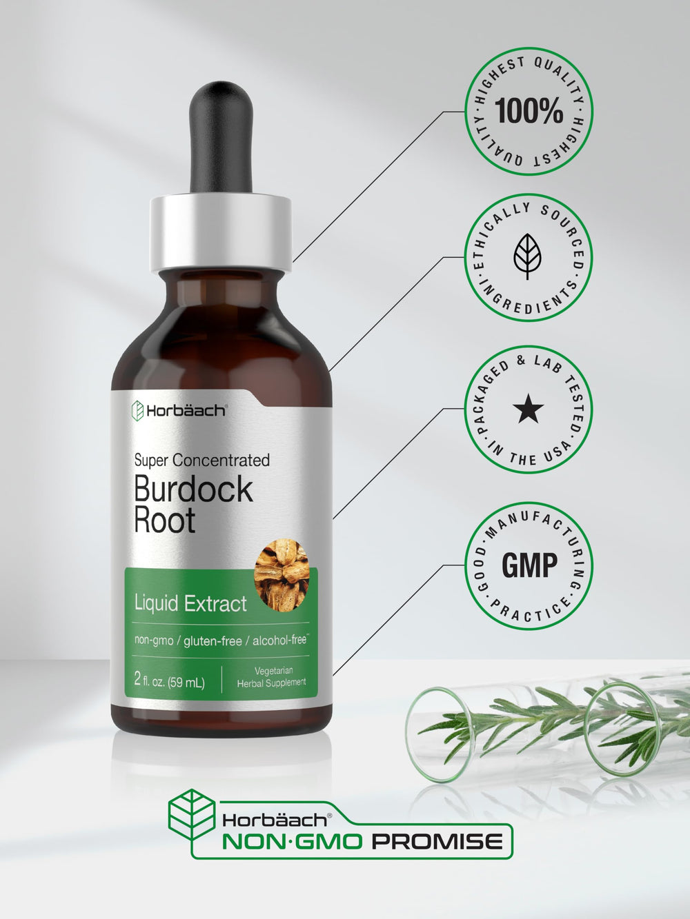 Horbäach Burdock Root Tincture gluten-free status shown on packaging.