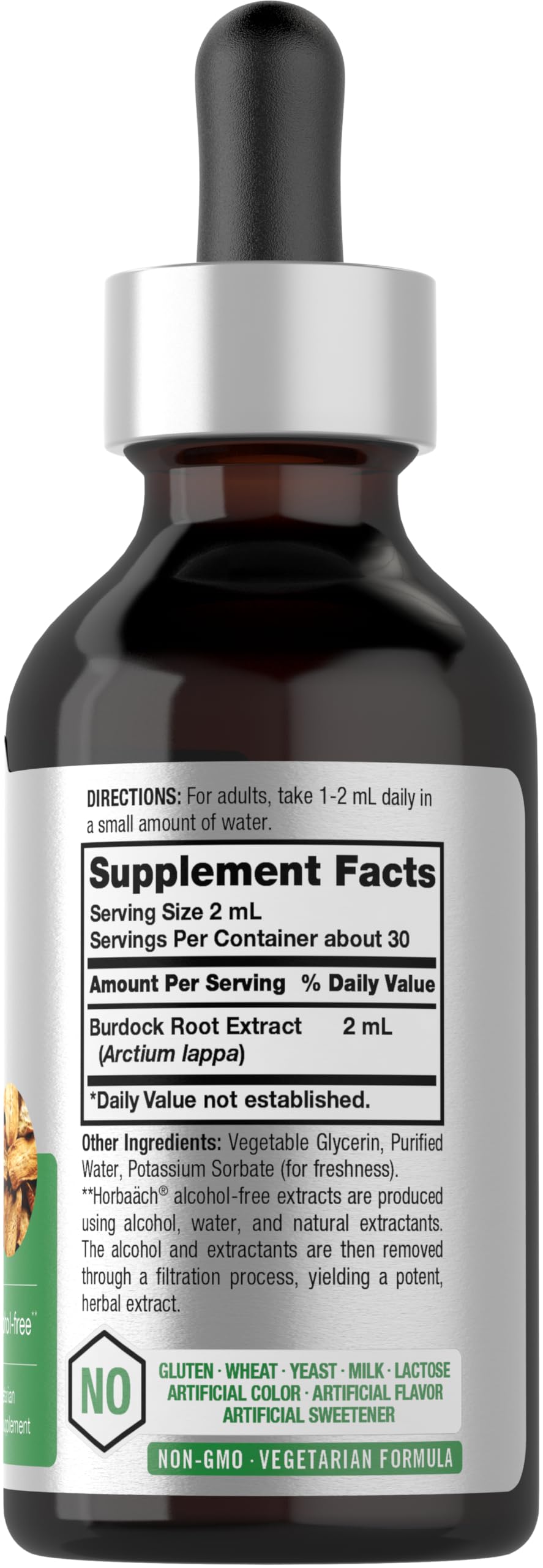 Horbäach Burdock Root Tincture label close-up highlights clean, vegan-friendly formula.