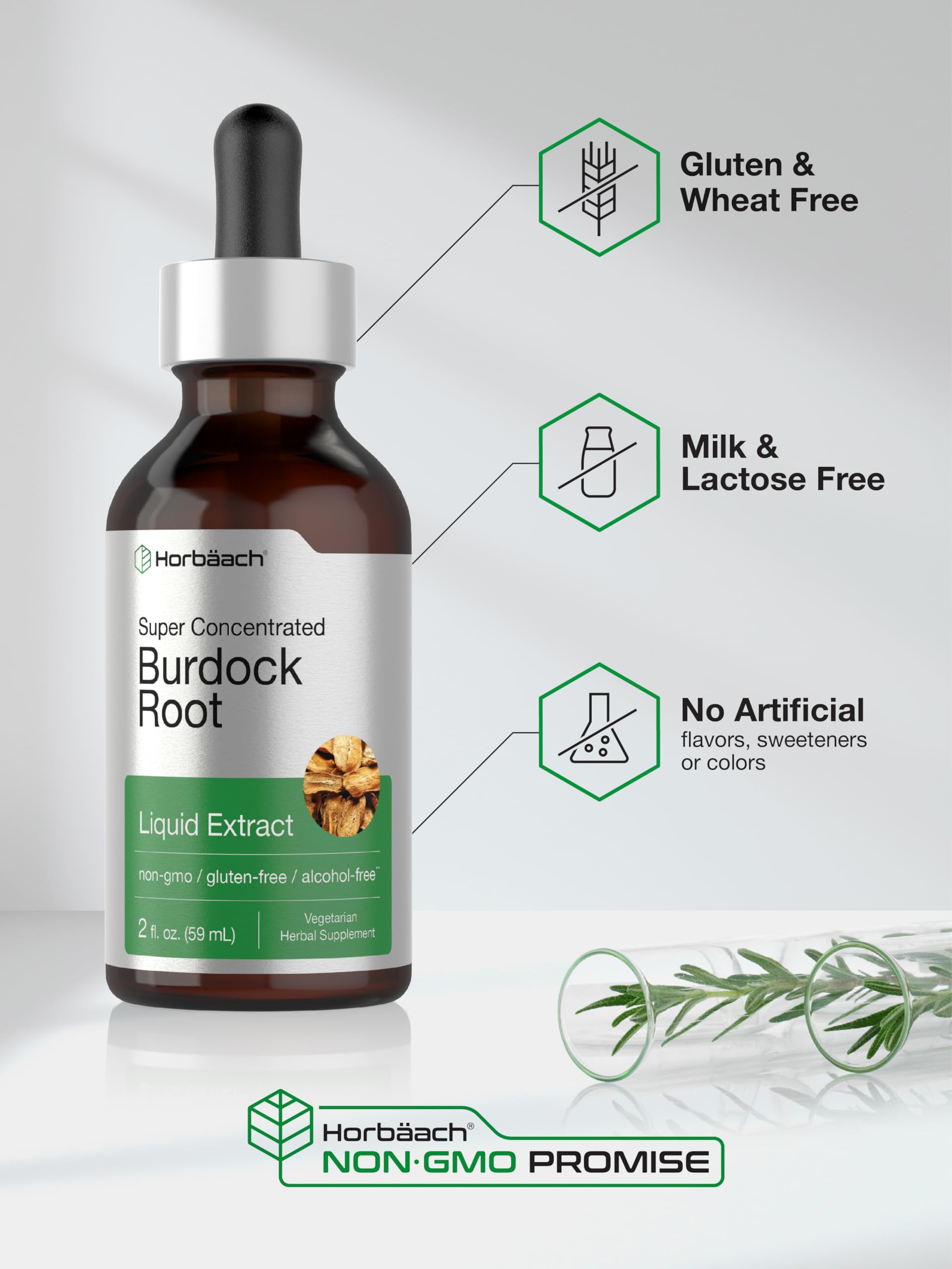 Horbäach Burdock Root Tincture vegetarian formula highlighted on label.