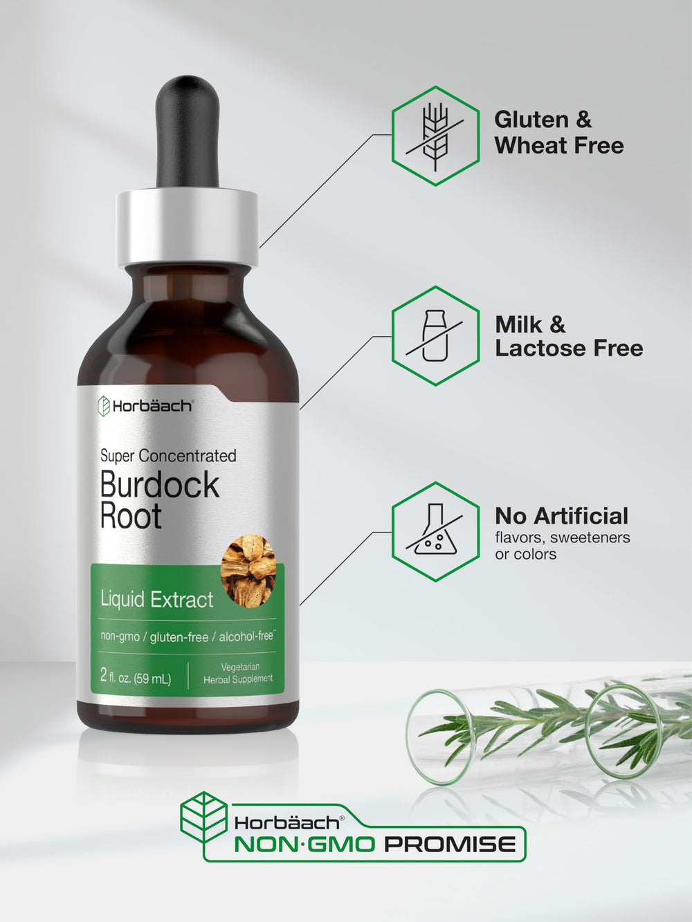 Horbäach Burdock Root Tincture vegetarian formula highlighted on label.