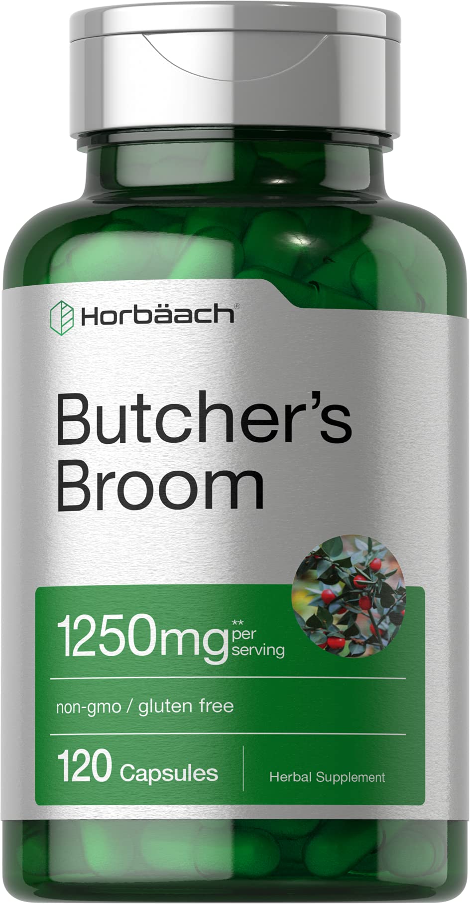 Horbaach Butchers Broom capsules in bottle showing non-GMO and gluten-free formula.