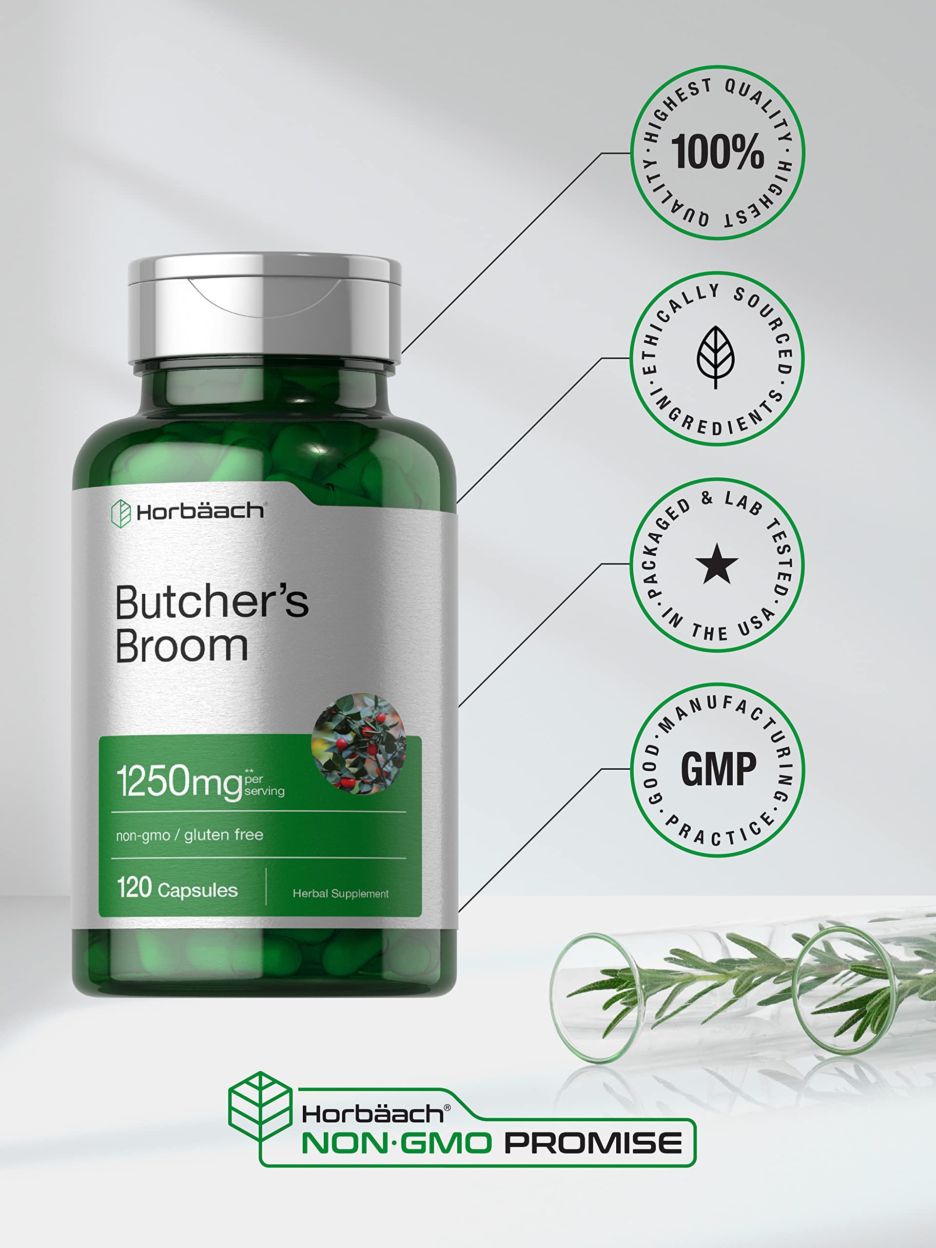 Horbaach Butchers Broom gluten-free label close-up on packaging.