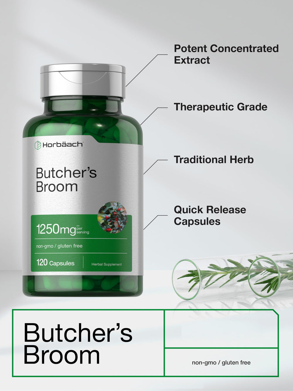 Horbaach Butchers Broom root extract bottle label showing Mediterranean heritage.