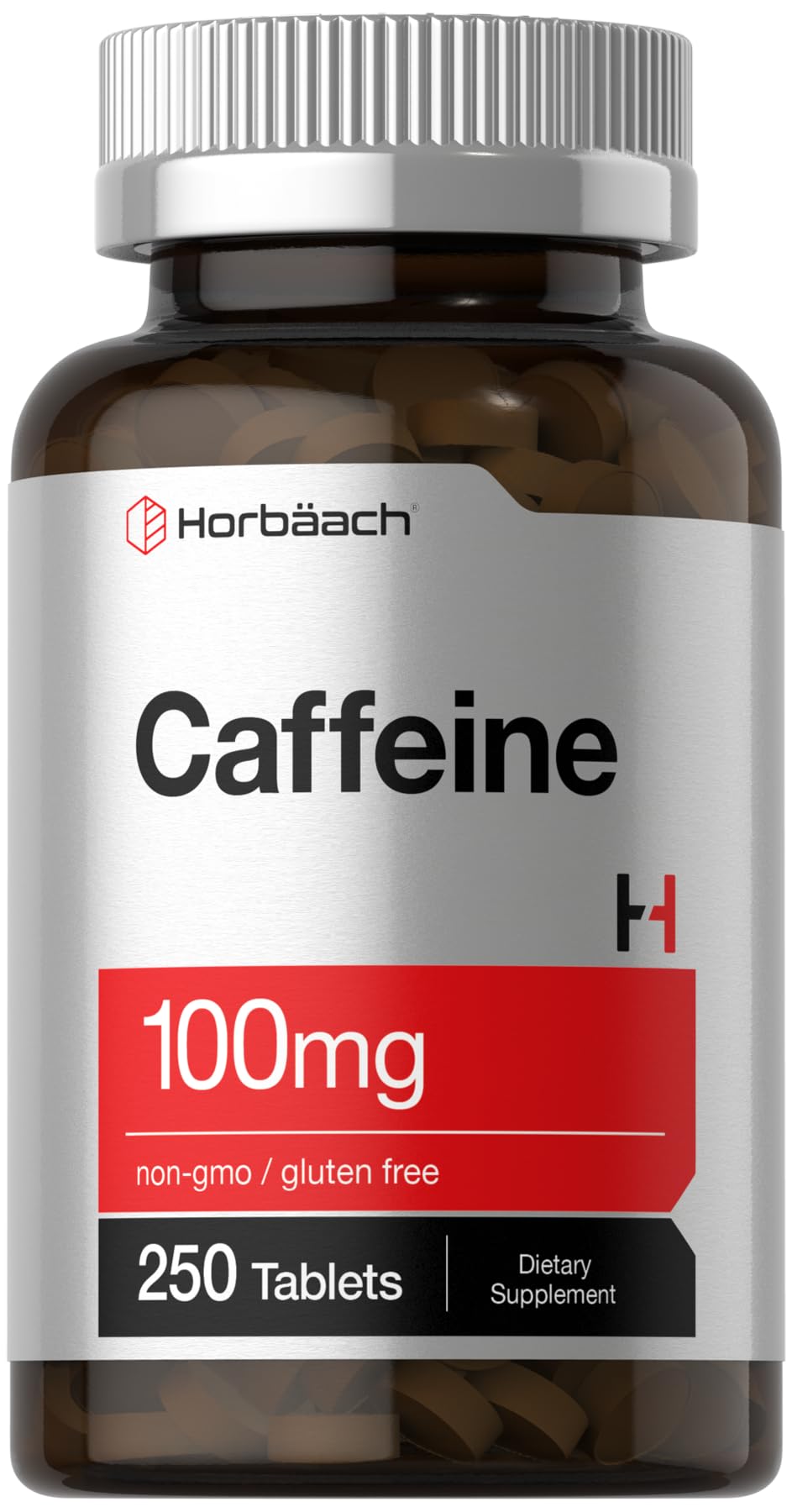 Horbäach Caffeine Pills bottle front with 250 vegetarian tablets for steady energy