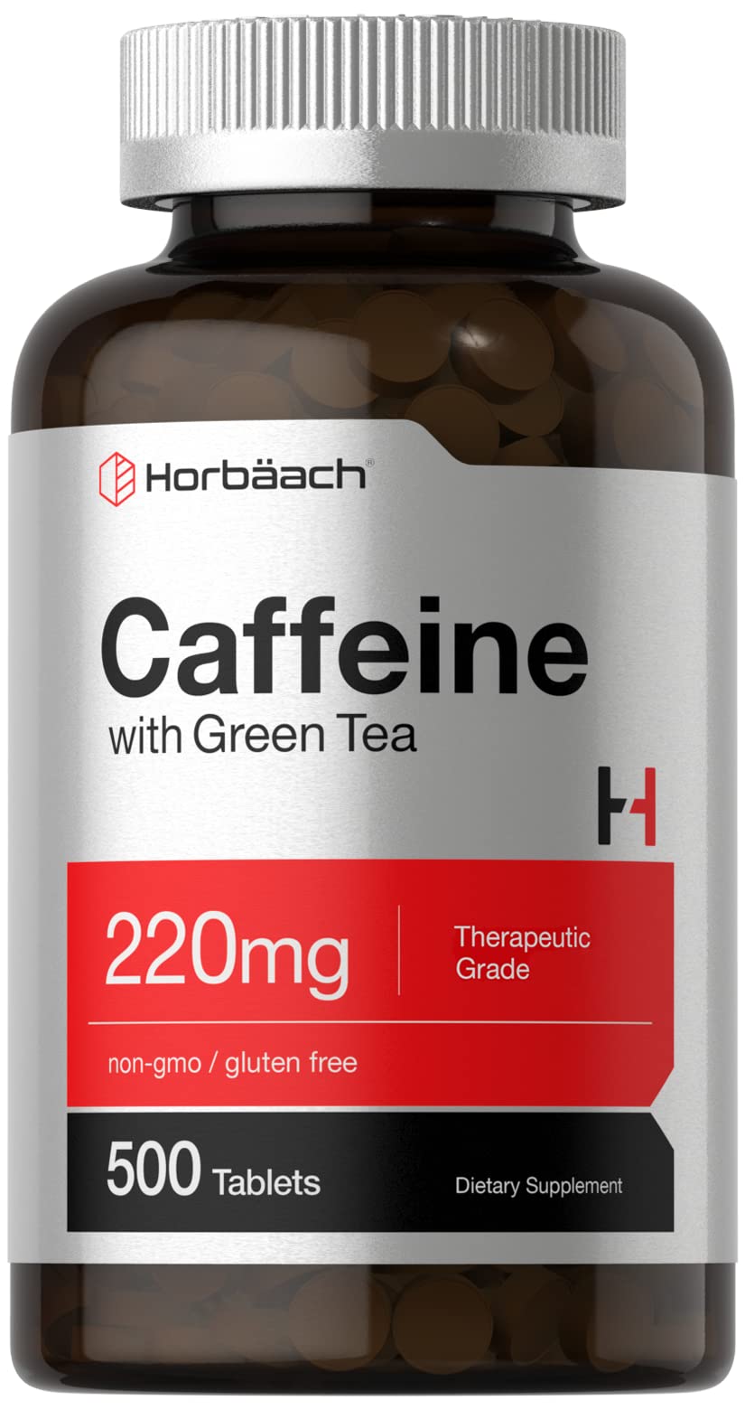 Horbäach caffeine pills bottle front showing energy support for workouts.