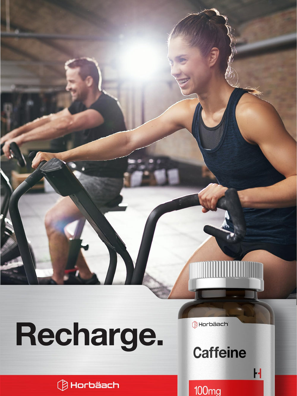 Horbäach caffeine pills highlighting gluten-free and non-GMO benefits