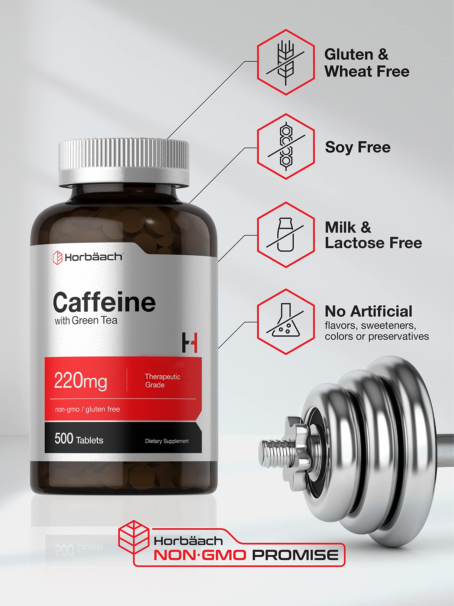 Green tea extract image with Horbaach caffeine pills and antioxidants focus.