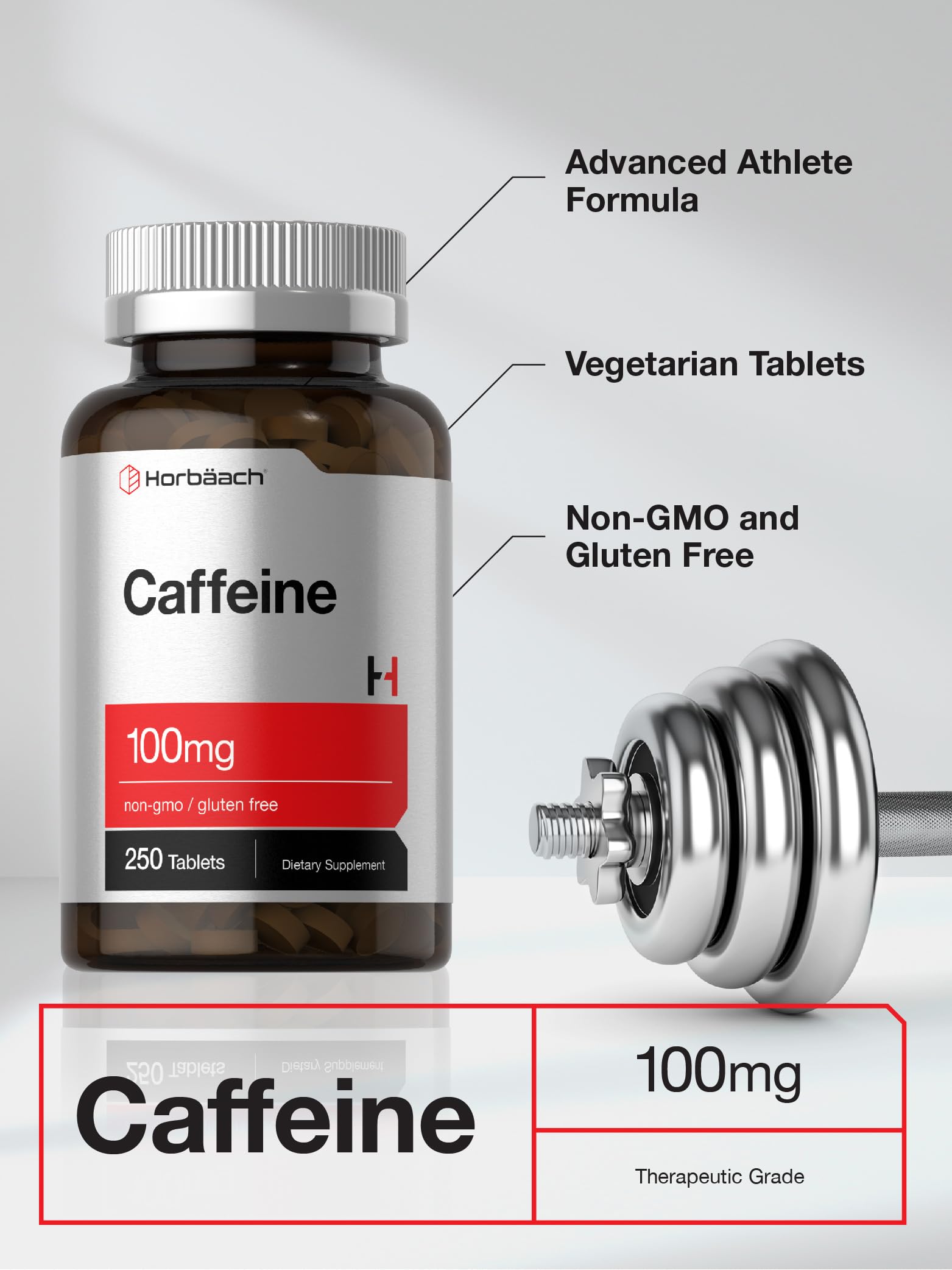 Horbäach caffeine pills label close-up showing non-GMO and gluten-free features