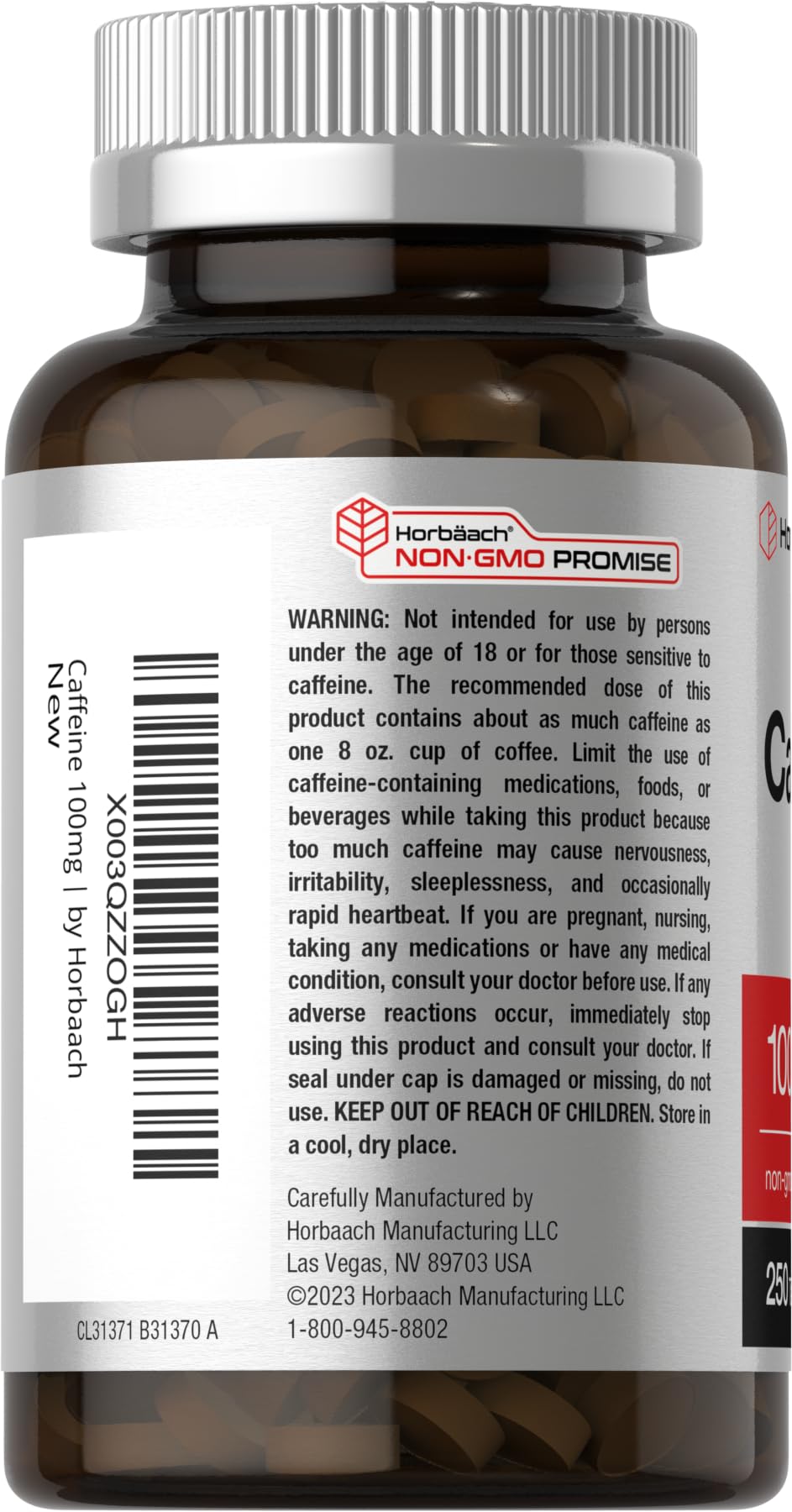 Horbäach caffeine pills packaging box with label details and certifications