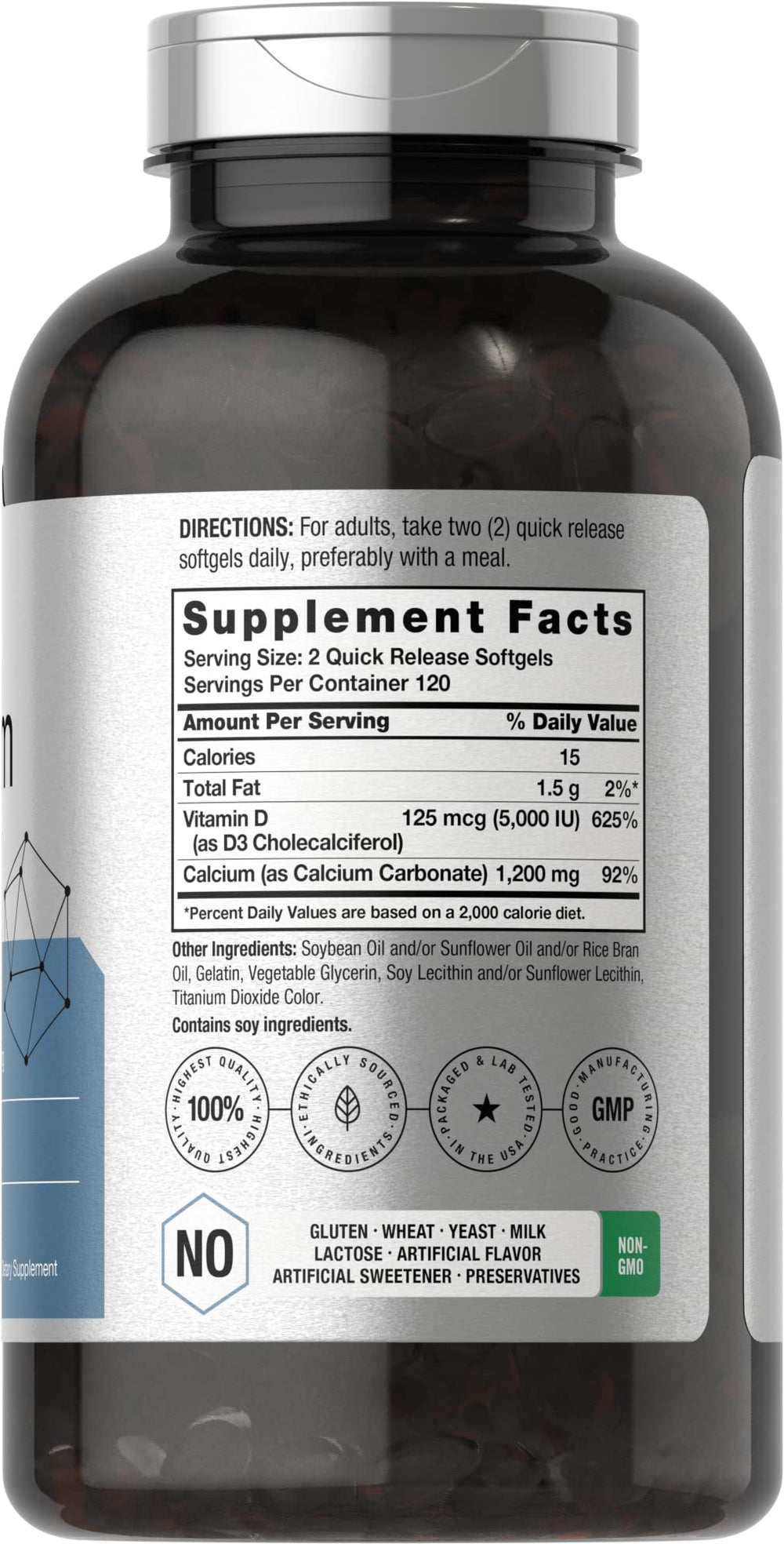 Horbäach calcium-d3 bottle closeup showcasing easy-to-swallow softgels for routine use.