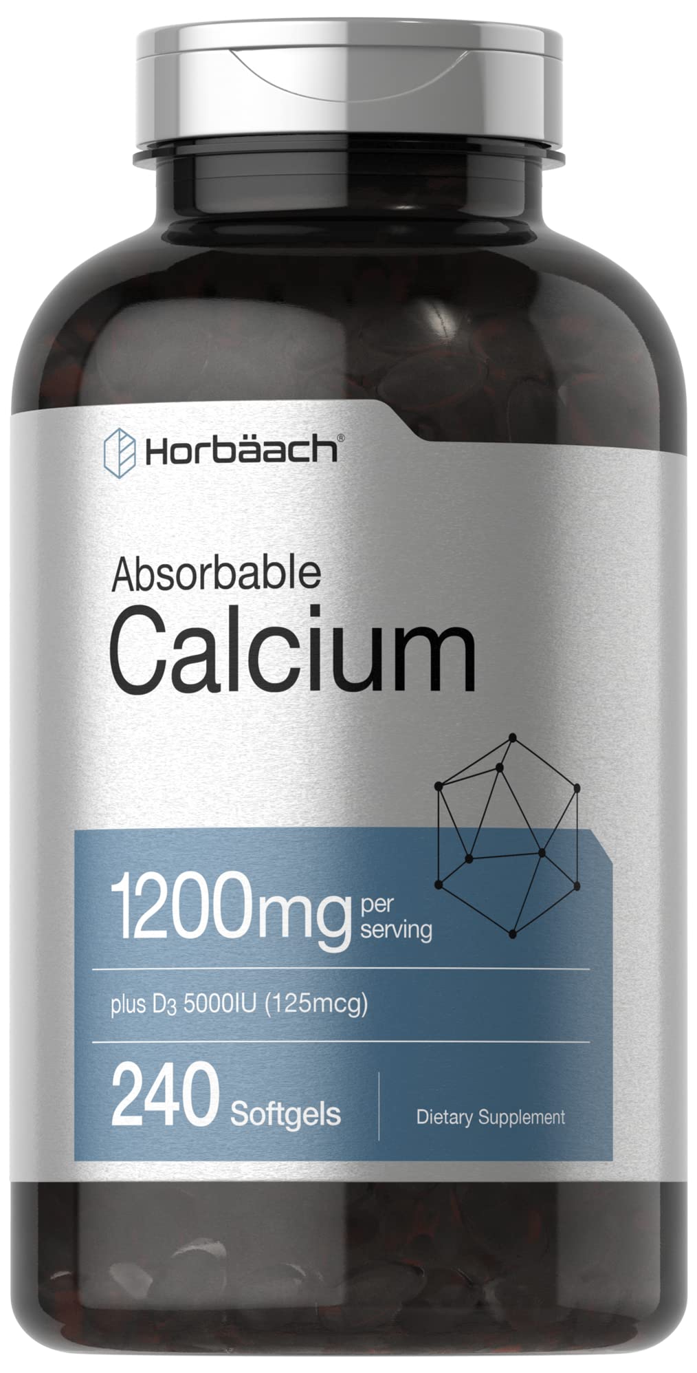 Horbäach Calcium 1200 mg with Vitamin D3 softgels in bottle highlighting high absorption and daily support.