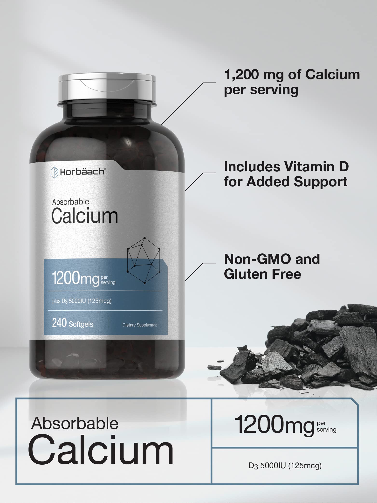Horbäach Calcium 1200 mg D3 label front conveys non-GMO and gluten-free formulation benefits.