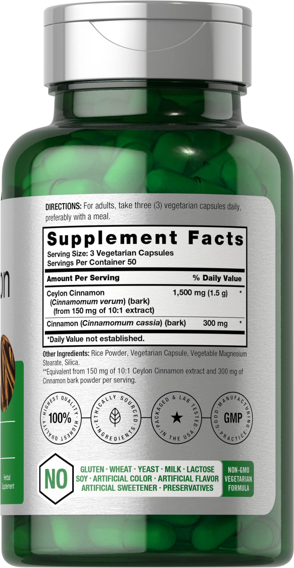Horbaach Ceylon Cinnamon Capsules bottle back label shows ingredients and allergen-free claim.
