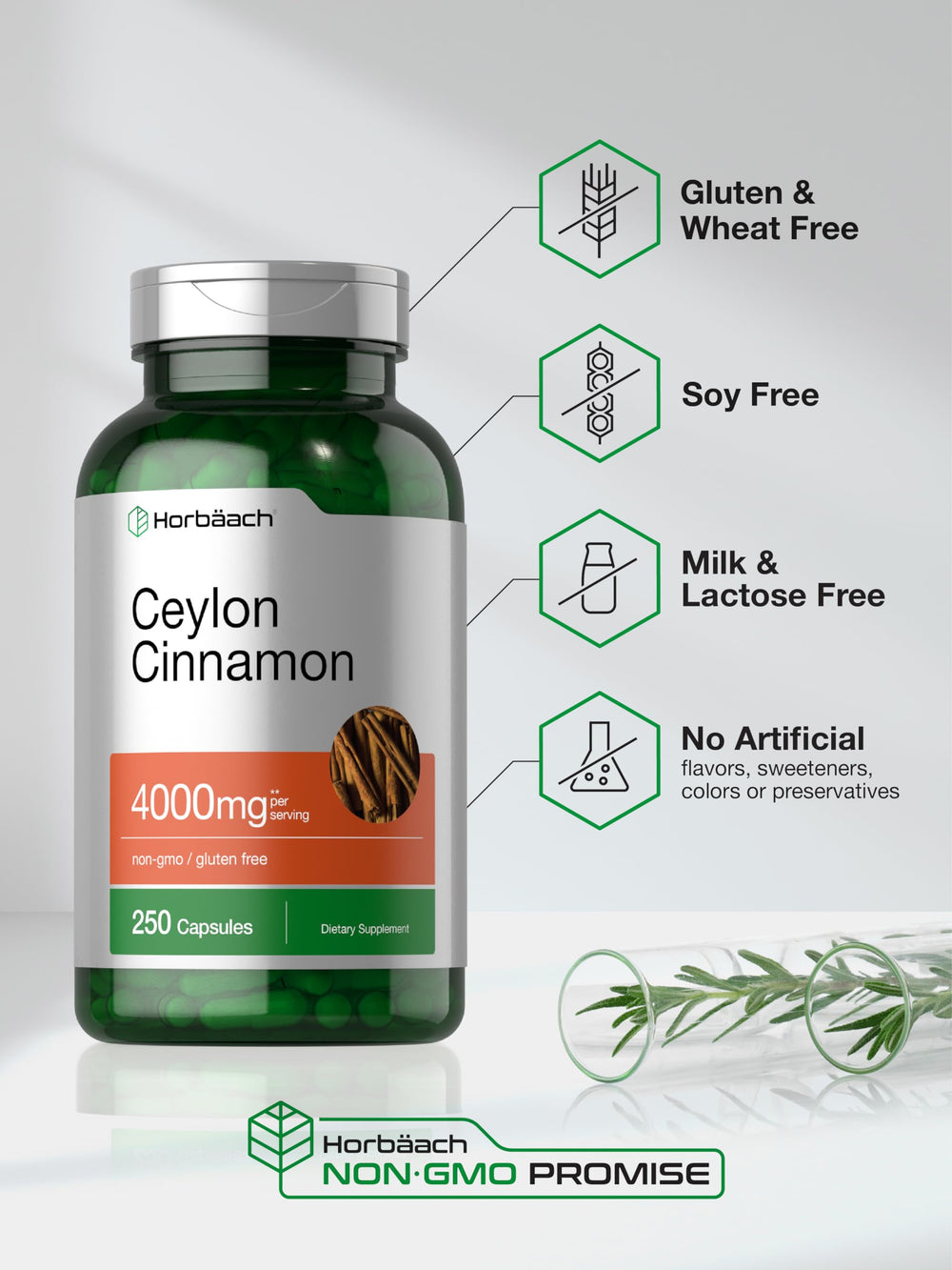 Horbäach Ceylon Cinnamon bottle with gluten-free and non-GMO icons