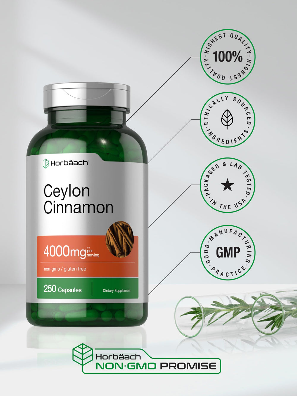 Horbäach Ceylon Cinnamon bottle side panel displaying serving size and ingredients