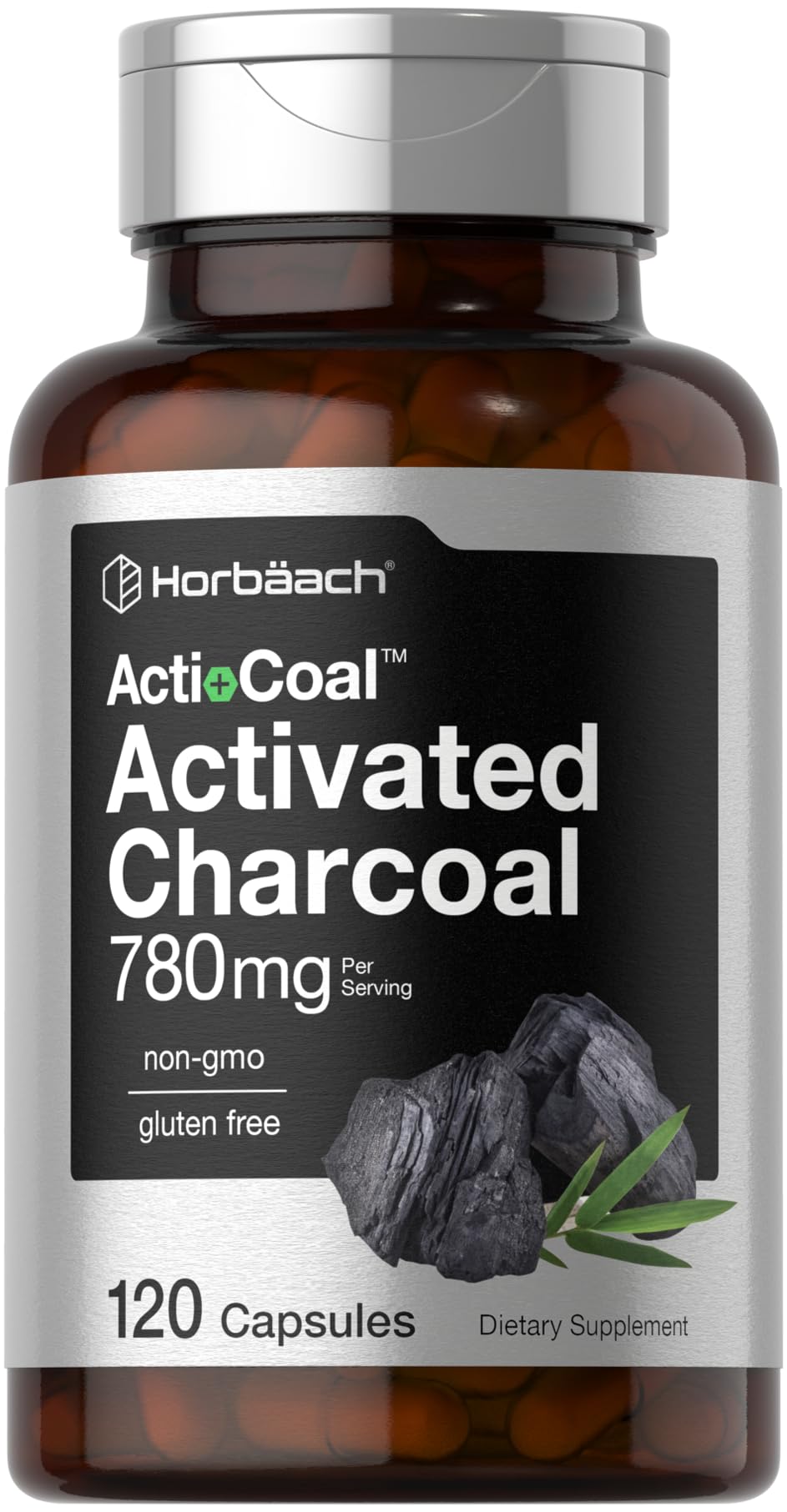Horbäach Charcoal Pills bottle close-up showing 780 mg activated charcoal for convenient supplementation