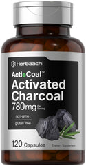 Horbäach Charcoal Pills bottle close-up showing 780 mg activated charcoal for convenient supplementation
