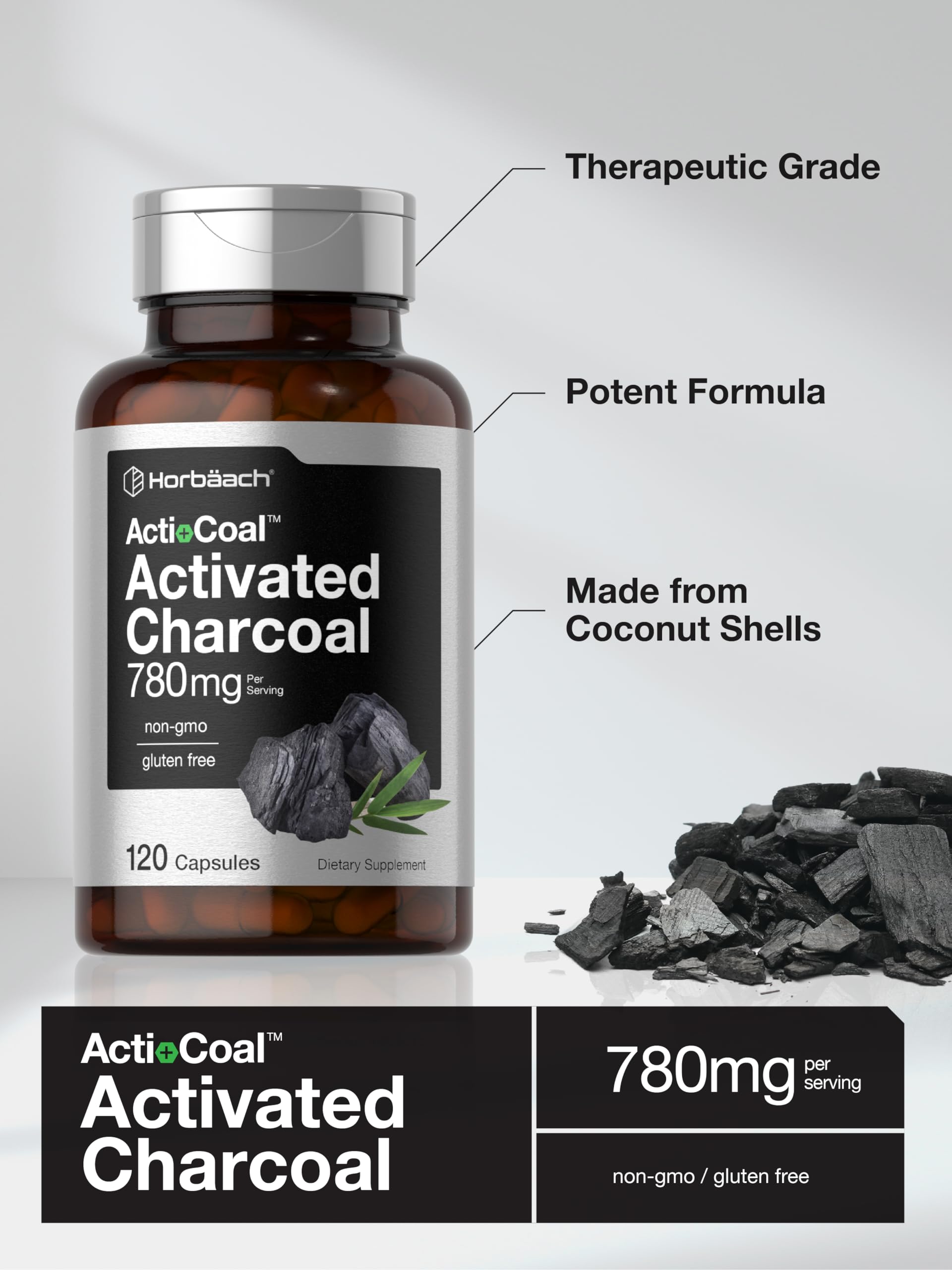 Horbäach Charcoal Pills gluten-free non-GMO badge on packaging highlighting allergen-free status