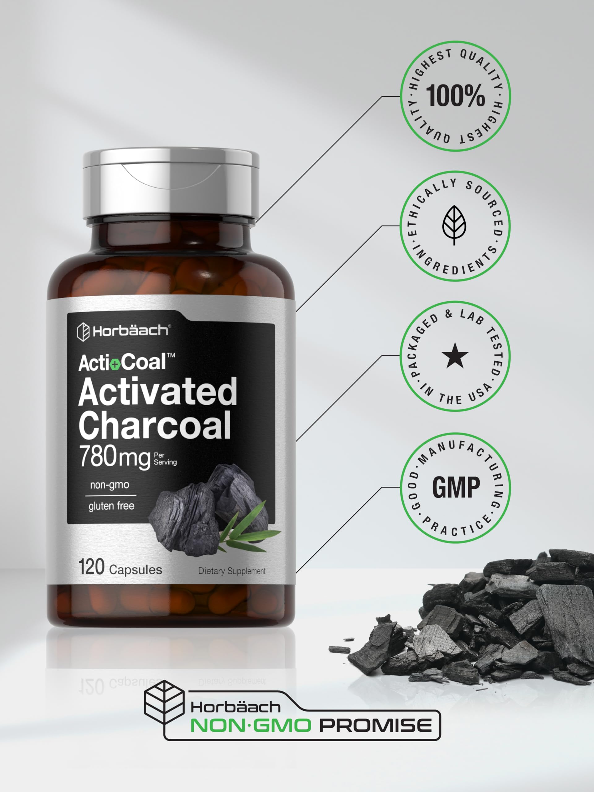 Horbäach Charcoal Pills quick-release capsules on a clean table for everyday use