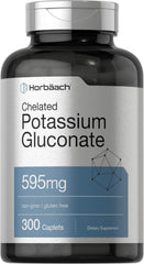 Horbäach Chelated Potassium Gluconate bottle with 595 mg caplets for daily mineral support.