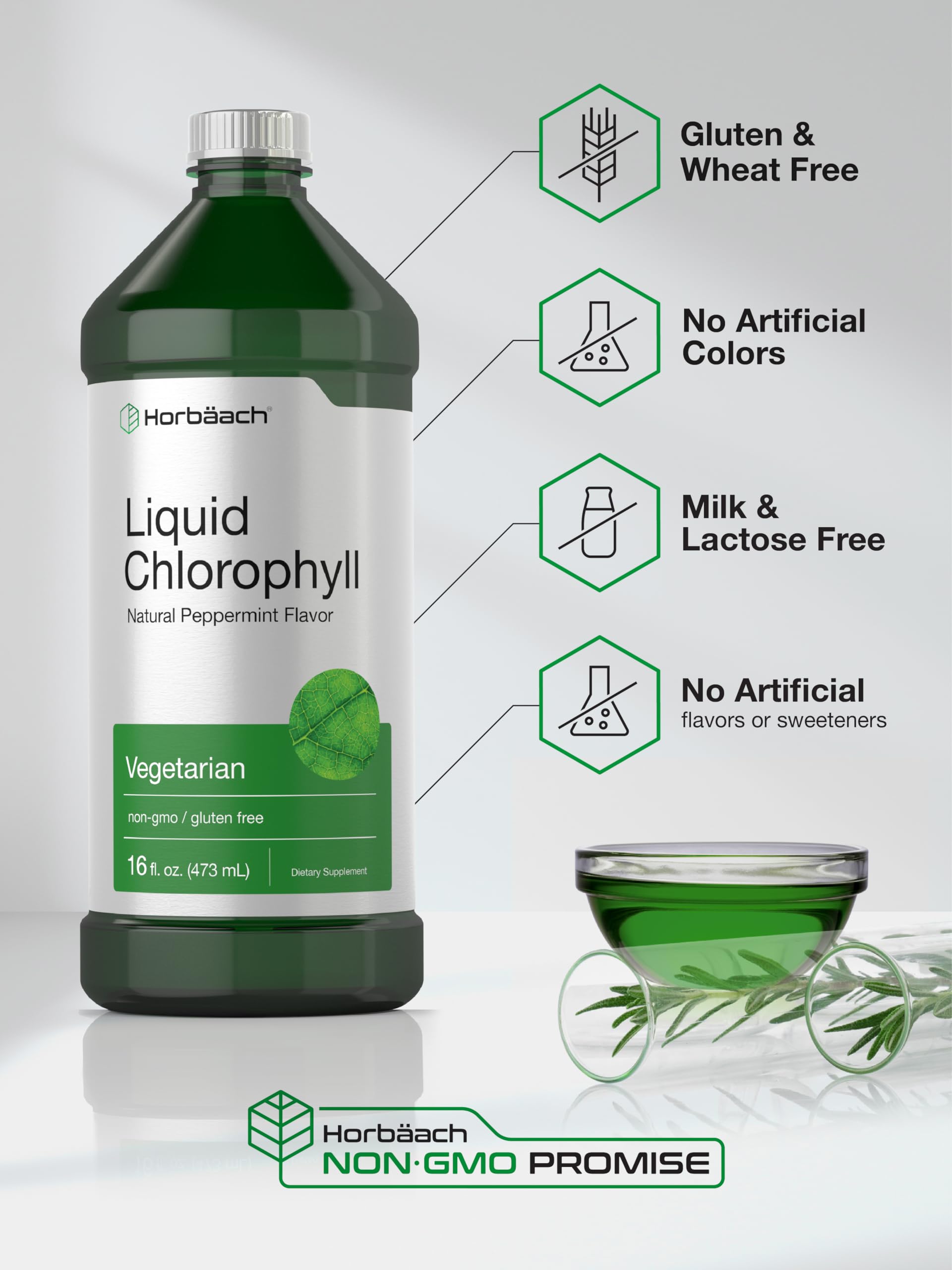Horbäach chlorophyll drops natural peppermint flavor close-up on bottle lid