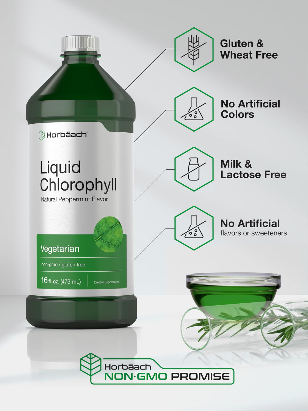 Horbäach chlorophyll drops natural peppermint flavor close-up on bottle lid