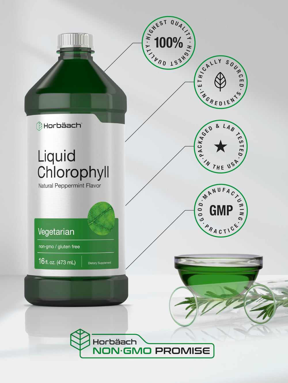 Horbäach chlorophyll drops label highlighting vegetarian and non-GMO attributes