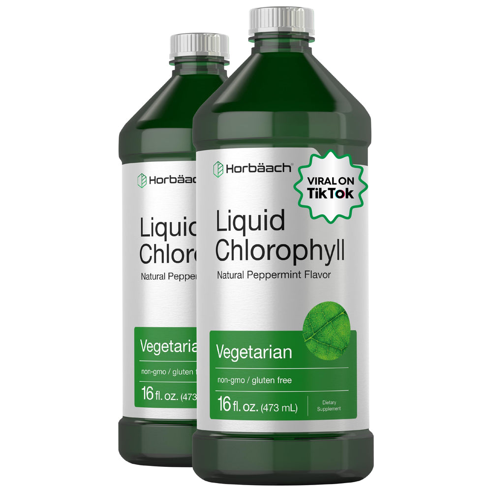 Horbäach chlorophyll liquid drops bottle front with peppermint flavor for daily refreshment