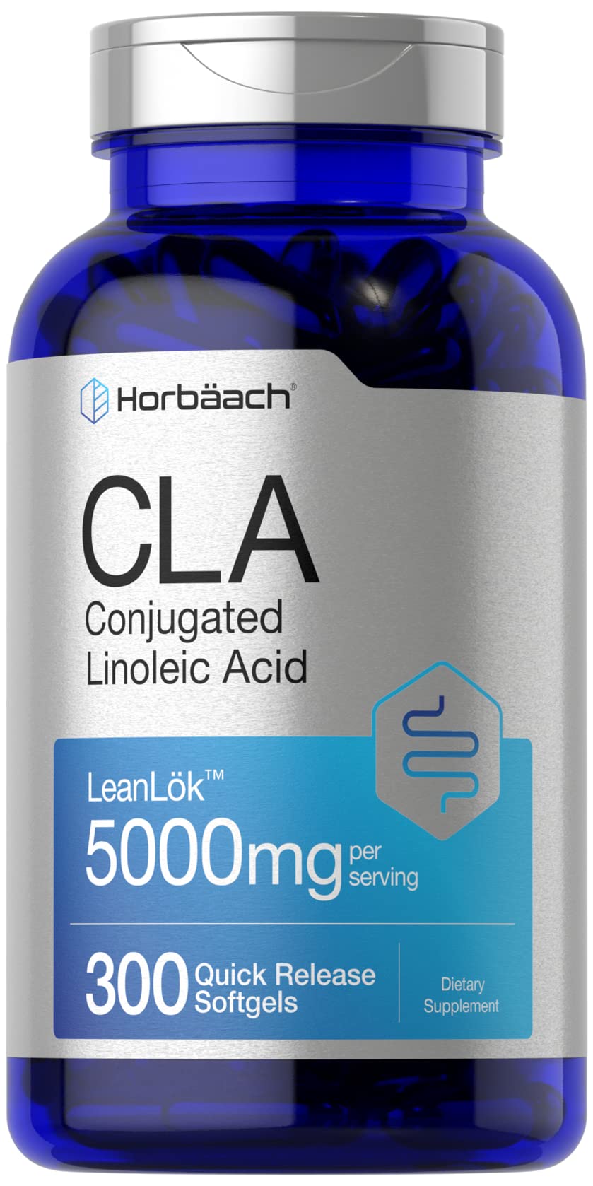 Horbäach CLA supplement bottle front showing 300 softgels for daily use