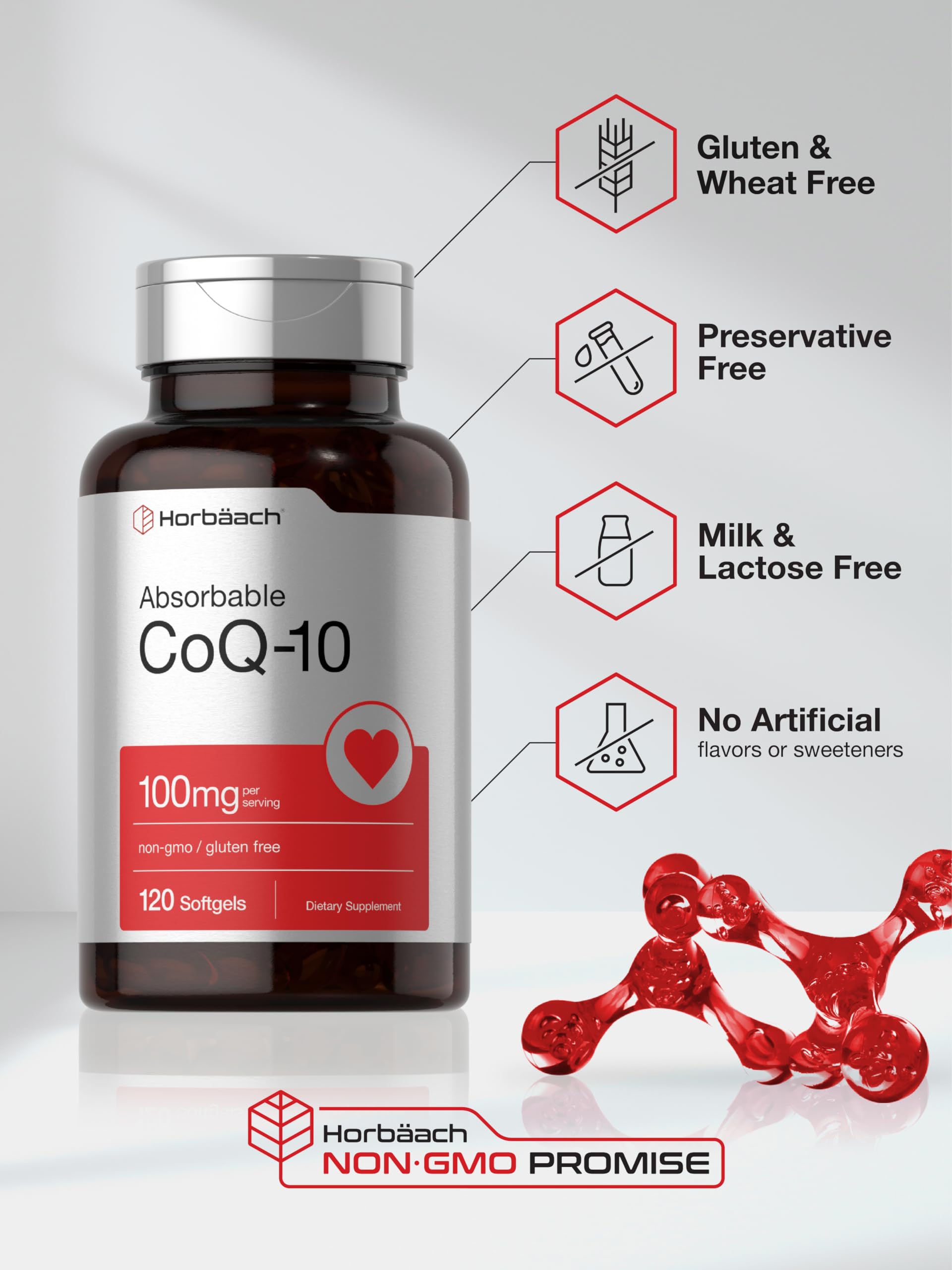 Horbäach CoQ10 gluten-free and non-GMO formula suitable for sensitive diets