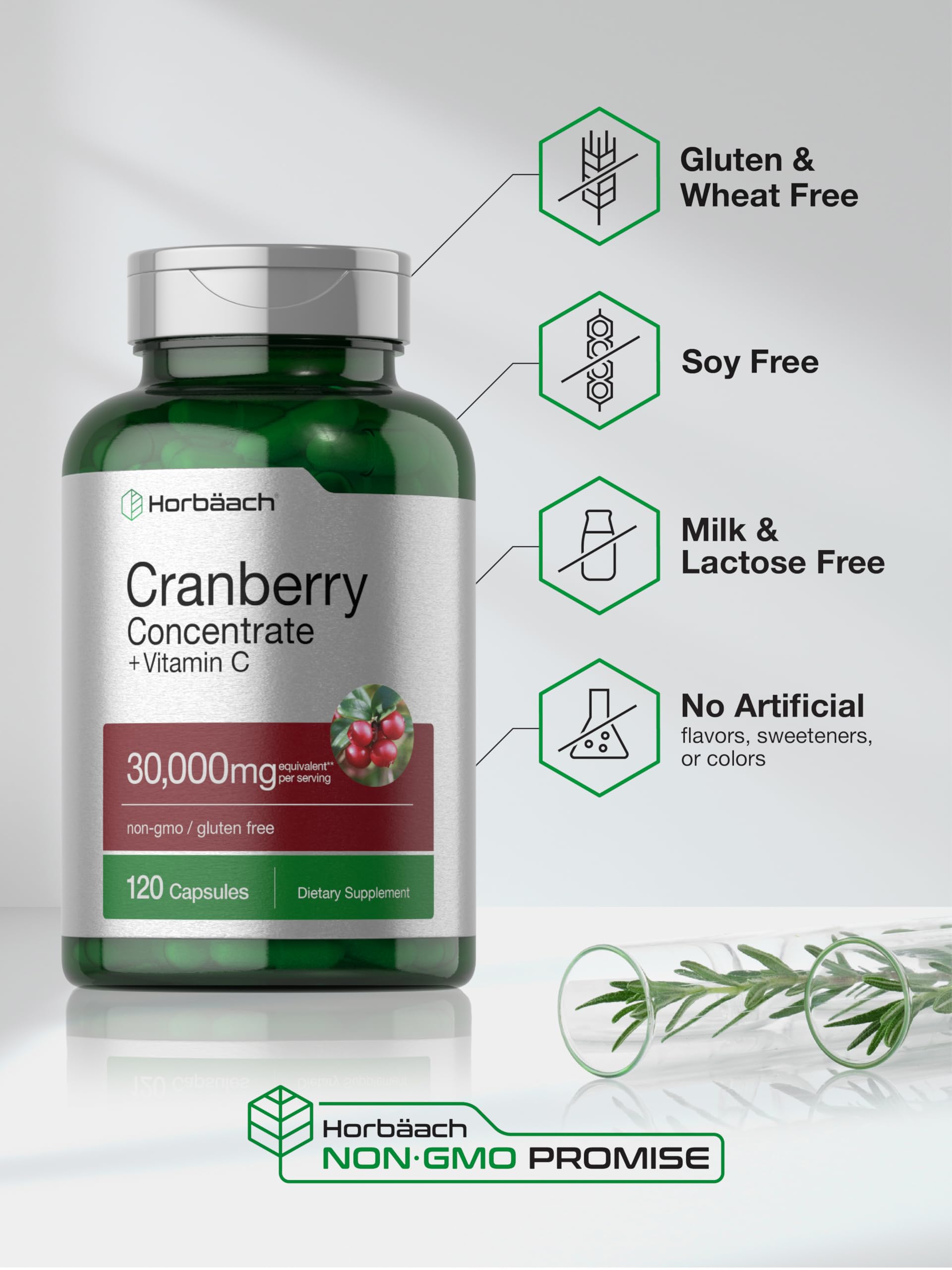 Horbäach Cranberry Concentrate capsules beside a glass for daily use