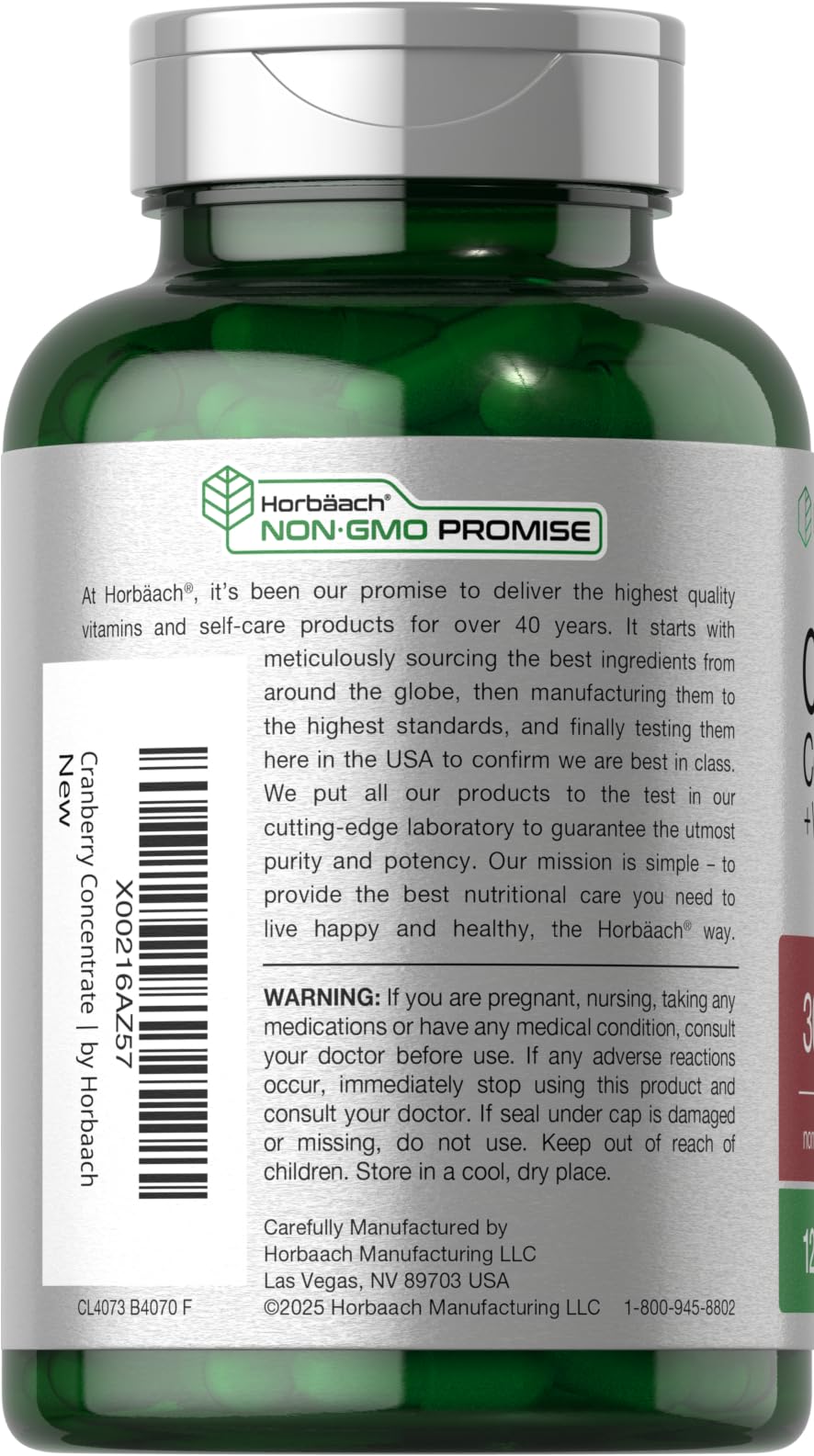 Horbäach Cranberry Concentrate label closeup highlights ingredients and non-GMO formula