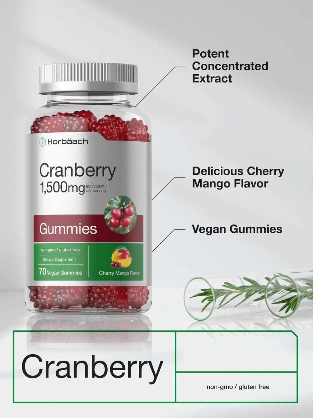 Horbäach Cranberry Gummies closeup showing bright cherry mango flavor and texture.