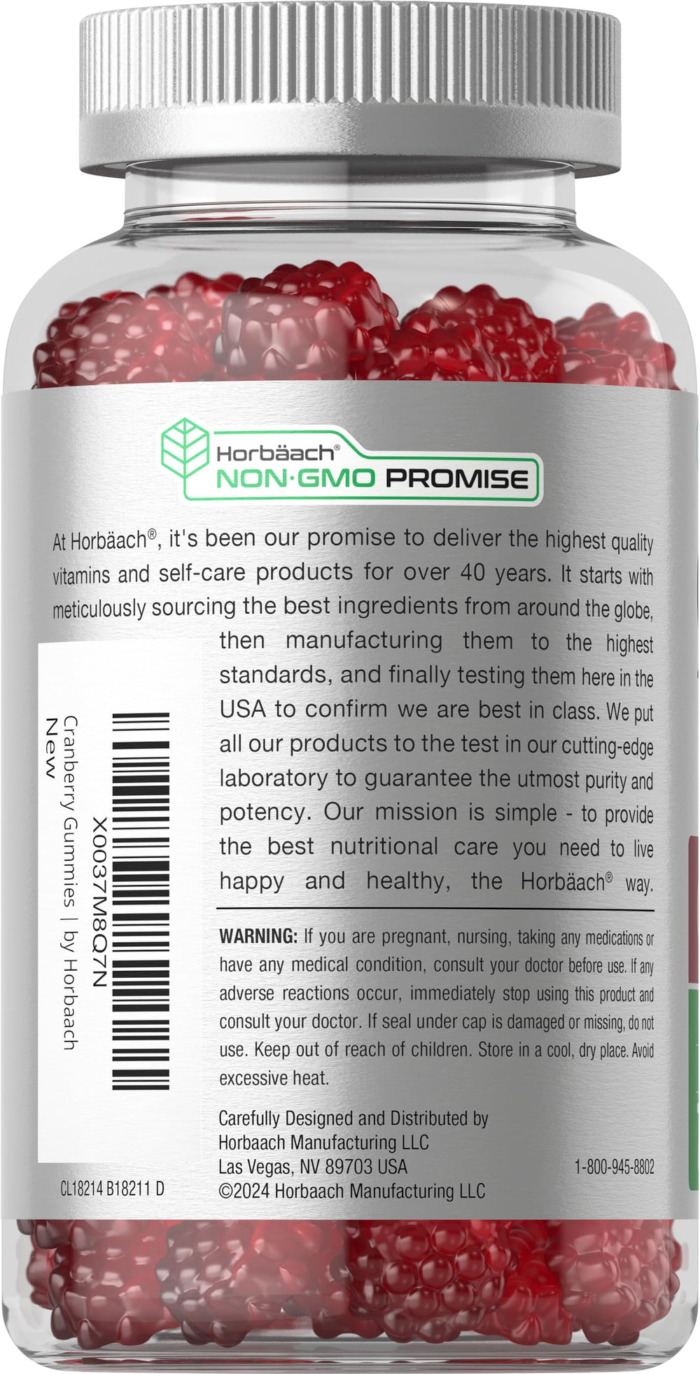 Horbäach Cranberry Gummies jar top view emphasizing high-potency extract formula.