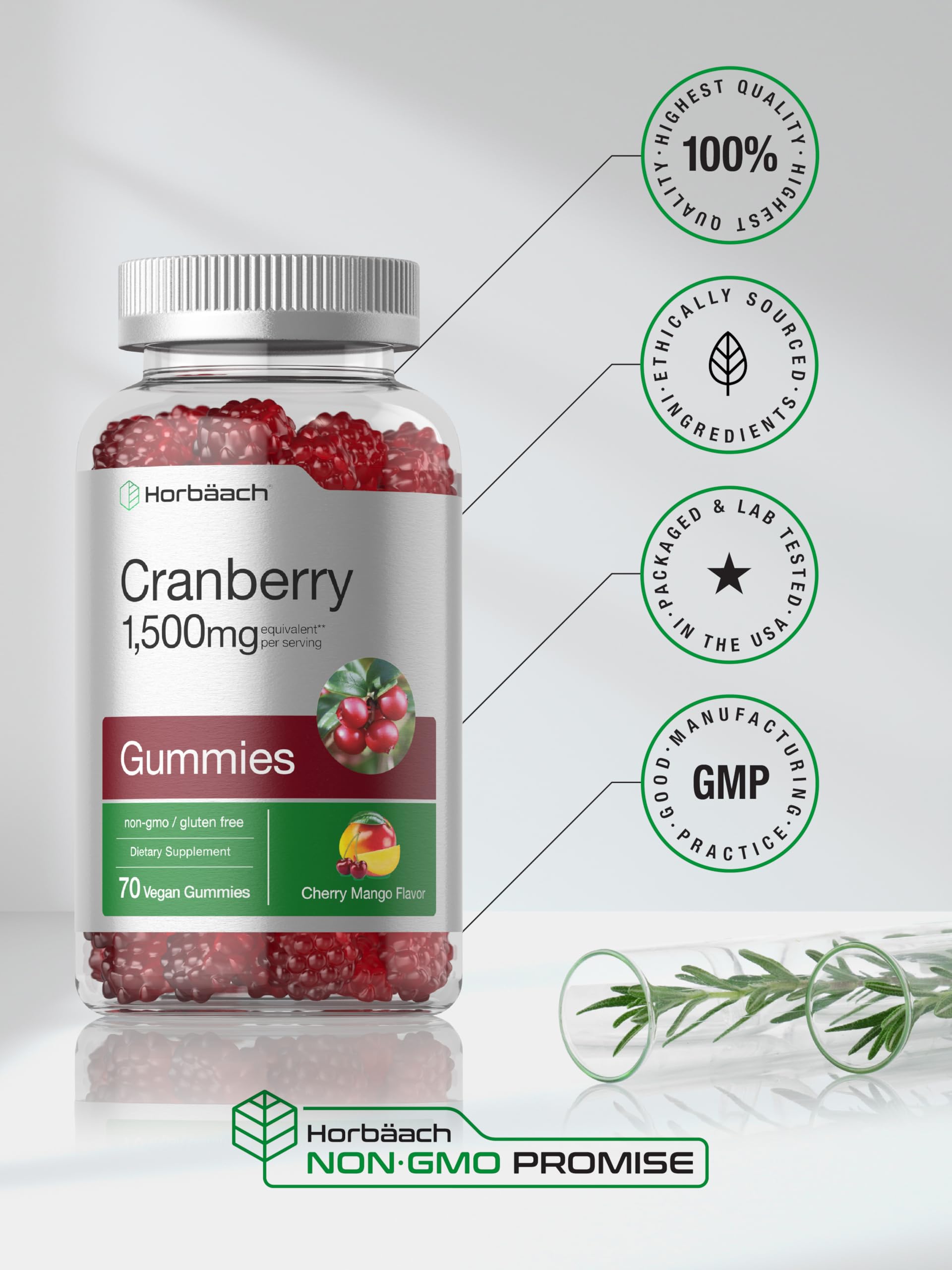 Horbäach Cranberry Gummies label view noting gluten-free and vegan ingredients.