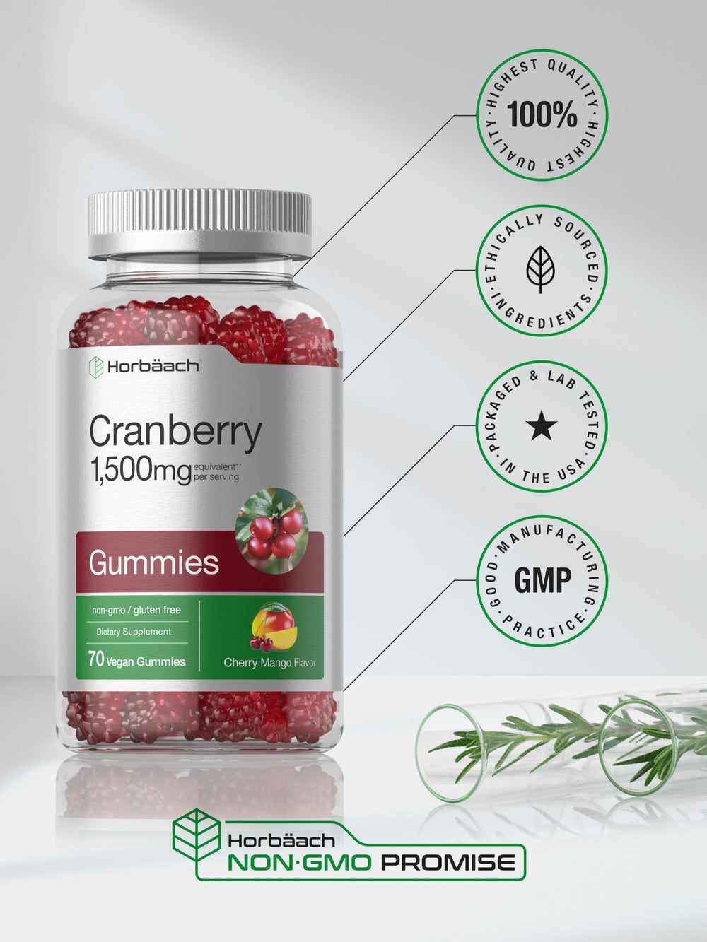 Horbäach Cranberry Gummies label view noting gluten-free and vegan ingredients.