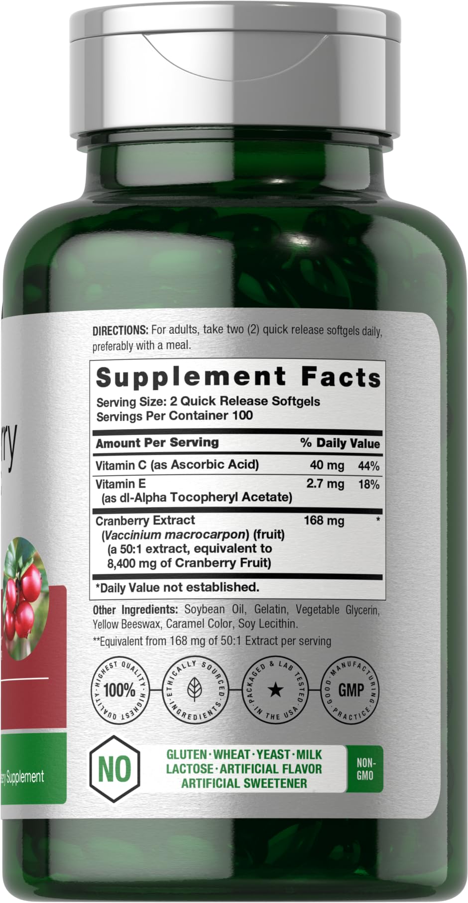 Horbäach Cranberry Pills bottle pour showing easy-to-swallow capsules.