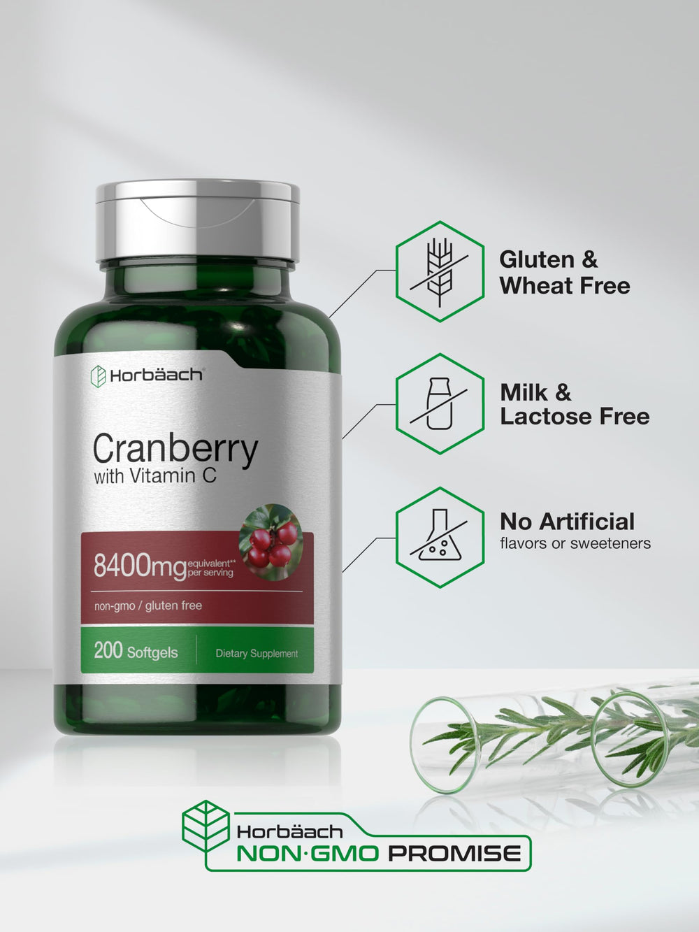Horbäach Cranberry Pills capsules in glass ready for daily use.