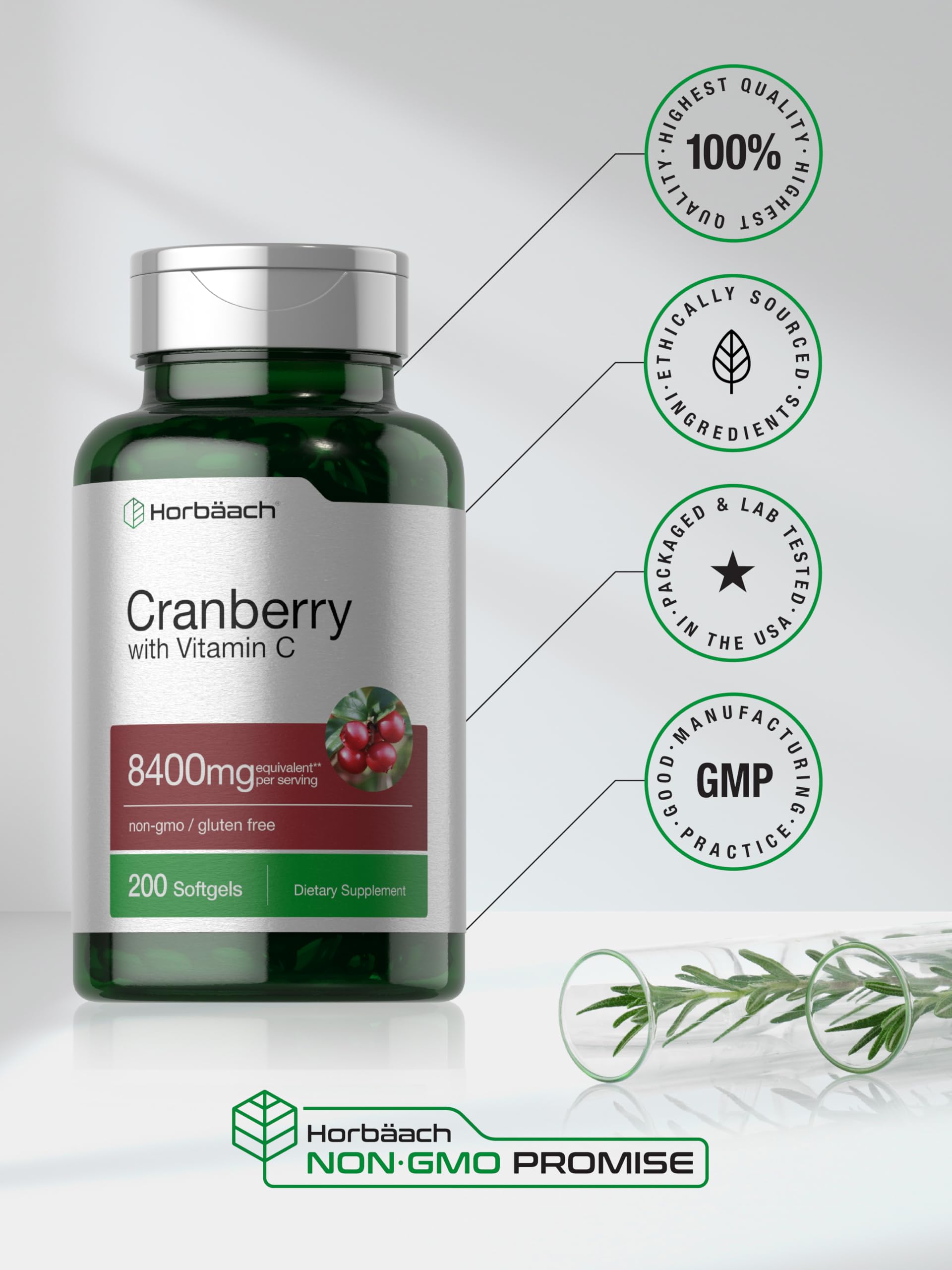 Horbäach Cranberry Pills ingredients panel notes non-GMO and gluten-free.