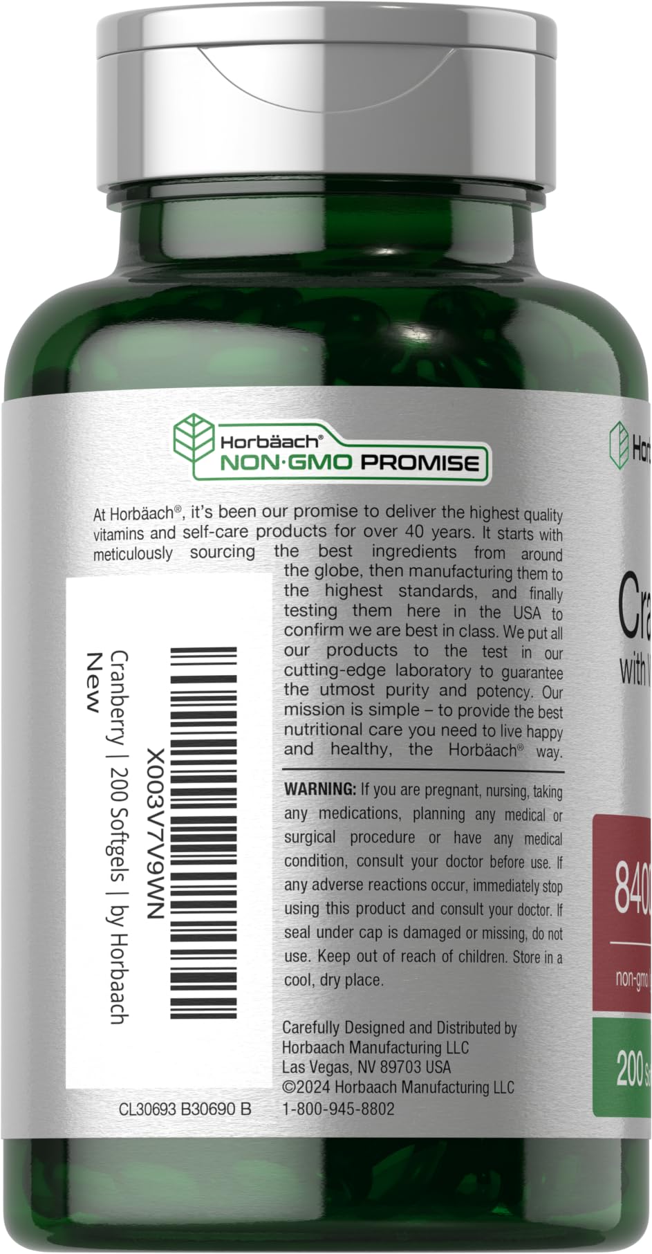 Horbäach Cranberry Pills label closeup highlights vitamin C and E.