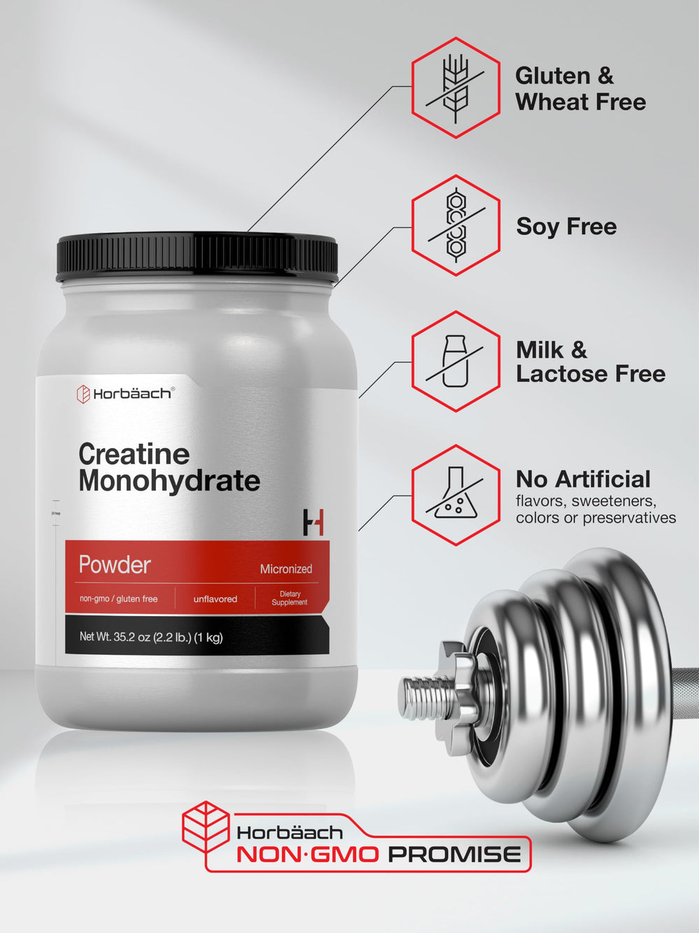 Horbäach Creatine gluten-free seal signaling allergen-friendly formula.