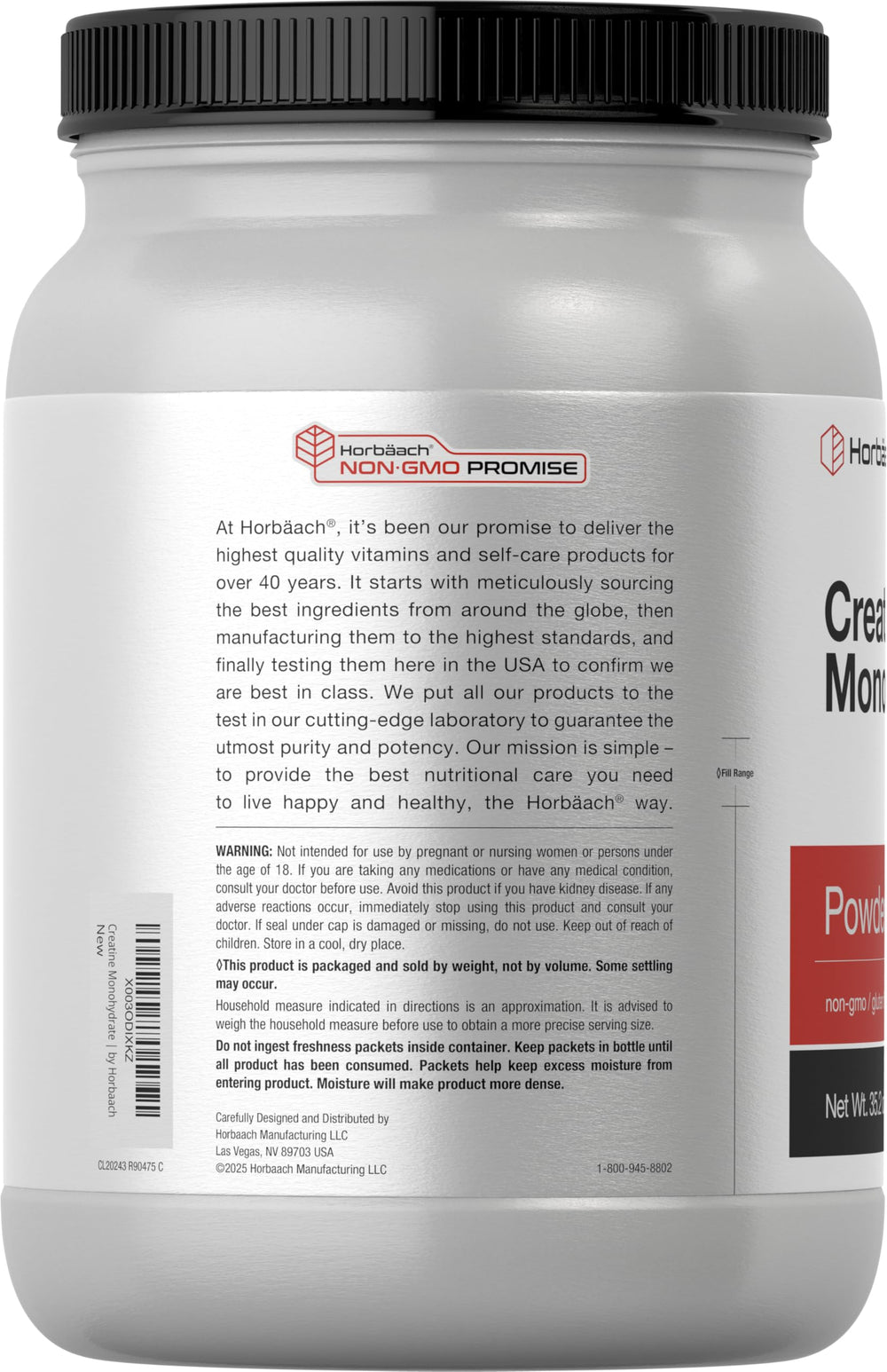 Horbäach Creatine label front showing gluten-free and non-GMO features.