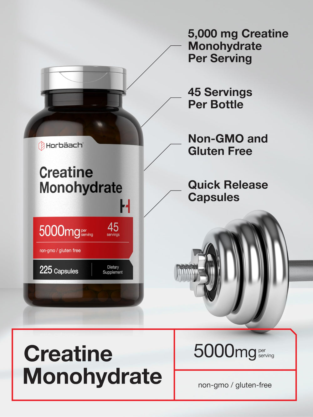 Horbaach Creatine Monohydrate bottle on gym counter ready for training