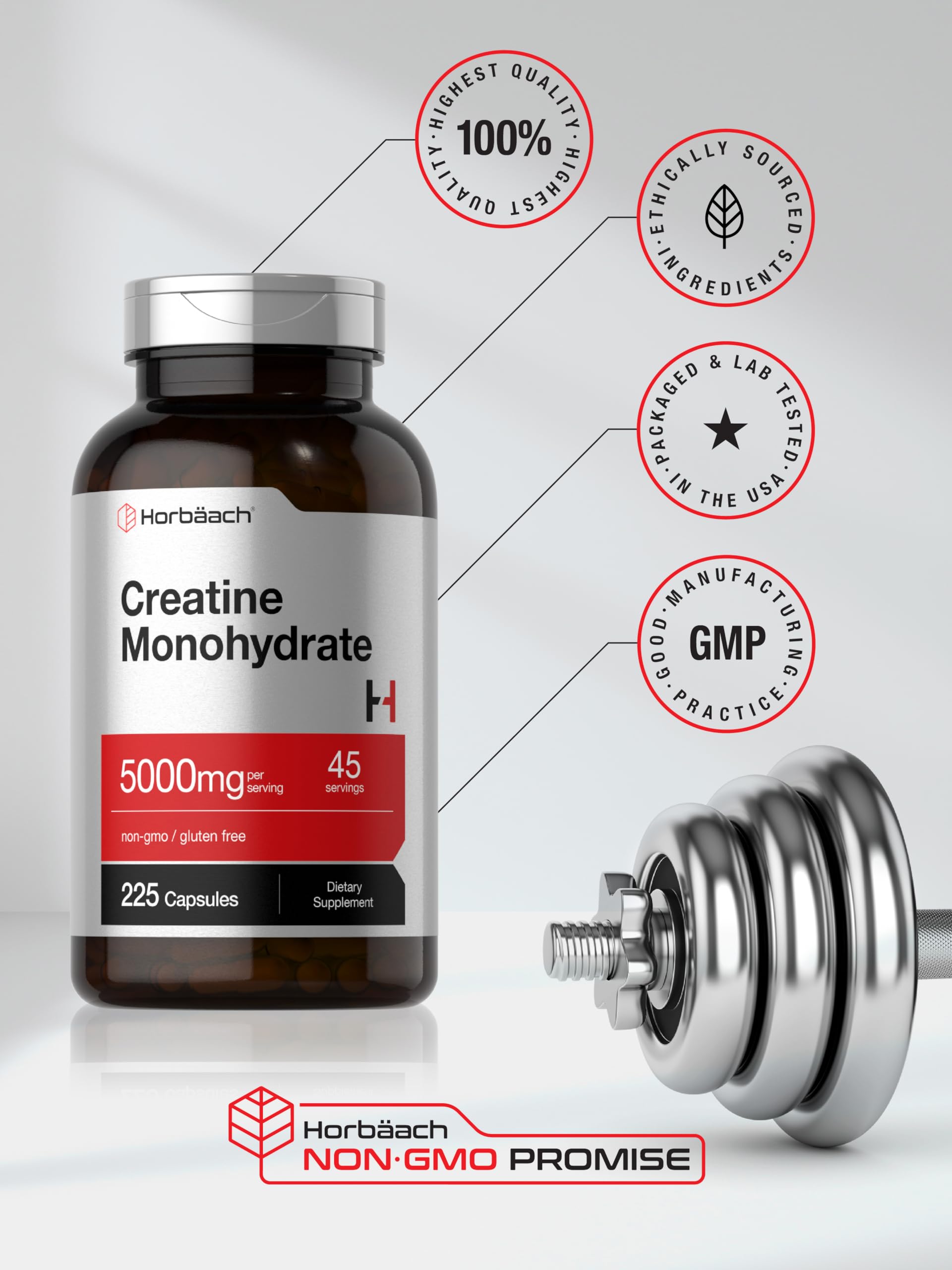 Horbaach Creatine Monohydrate capsule detail highlights quick-release design